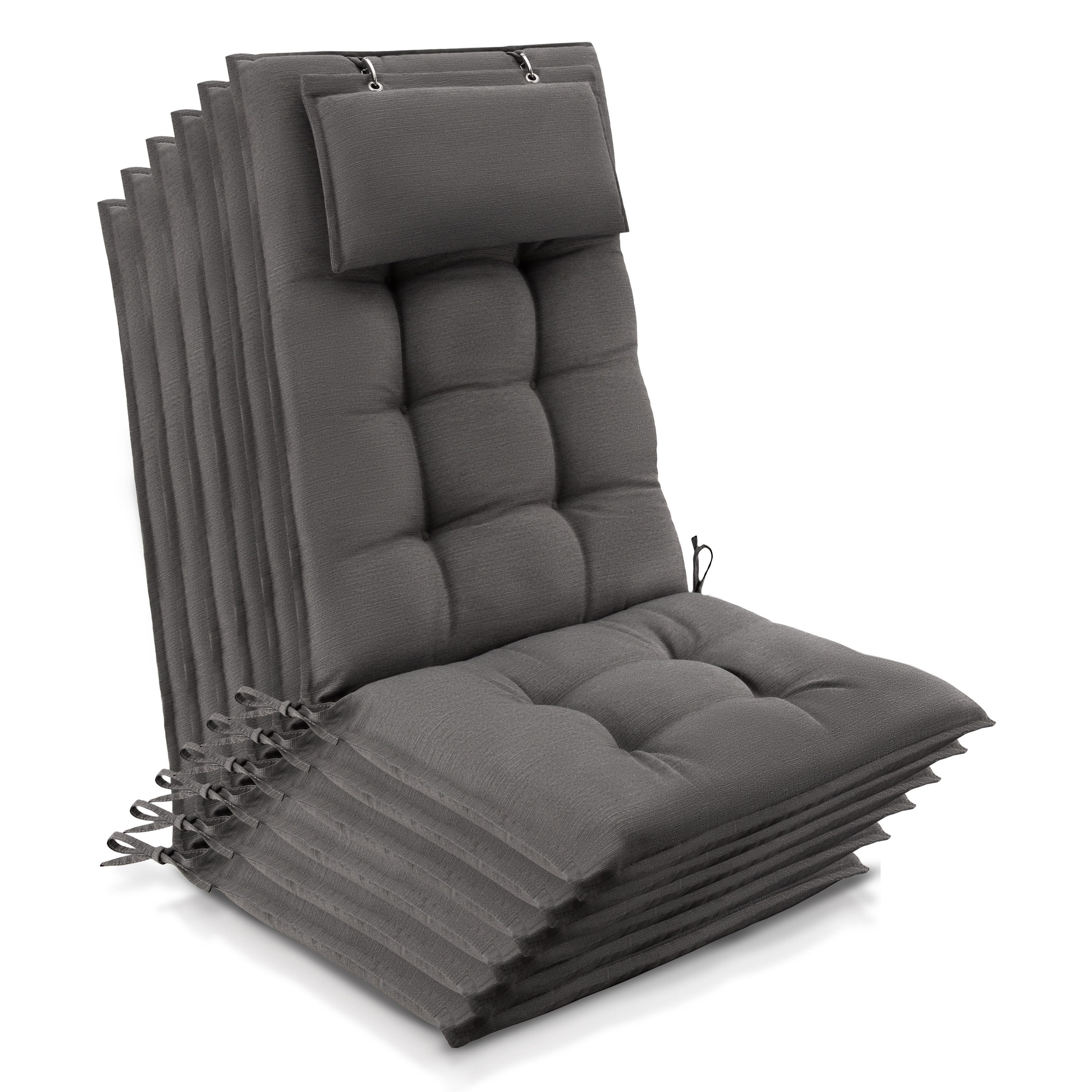 Beautissu Hochlehnerauflage 6er Set Sun-HL Hochlehner Auflage 120x50x8cm Taupe, Mit Kopfpolster, rutschfest & robust – Befestigungsbänder, UV 5