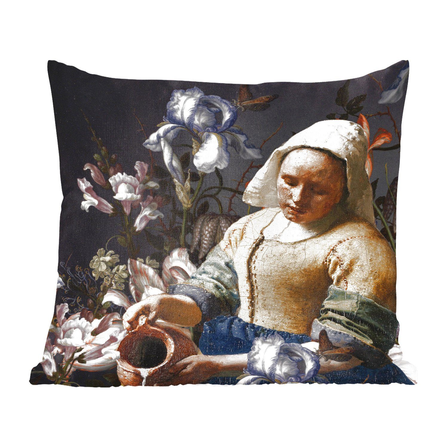 MuchoWow Dekokissen Milchmädchen - Johannes Vermeer - Blumen, Zierkissen mit Füllung für Wohzimmer, Schlafzimmer, Deko, Sofakissen
