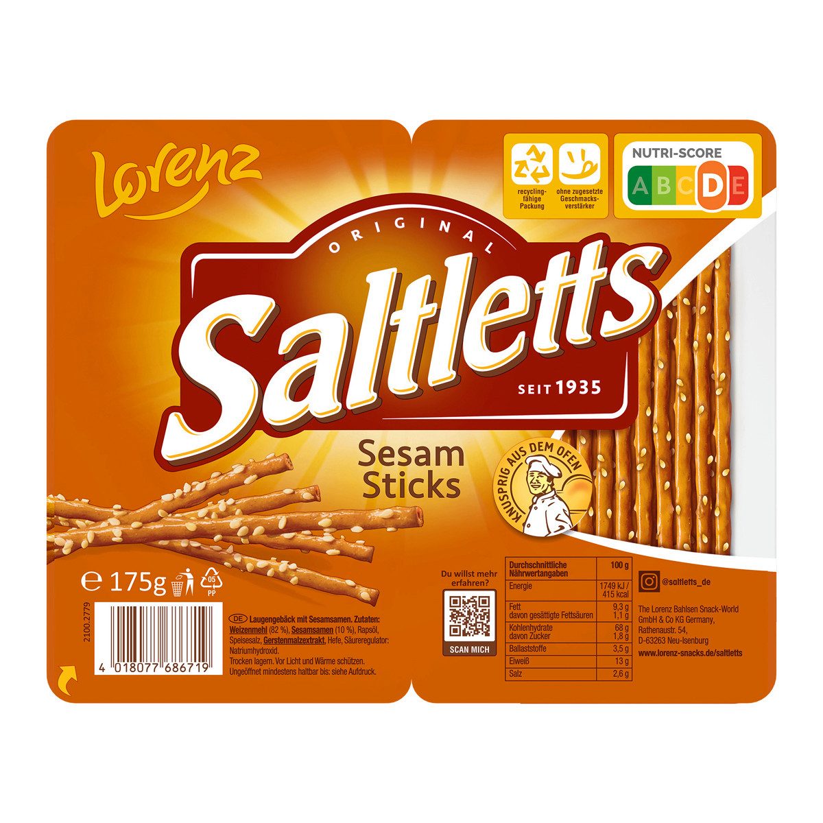LORENZ Knabberei, Lorenz Saltlettes Sticks Sesam knuprige Salzstangen Laugenbäck 175g