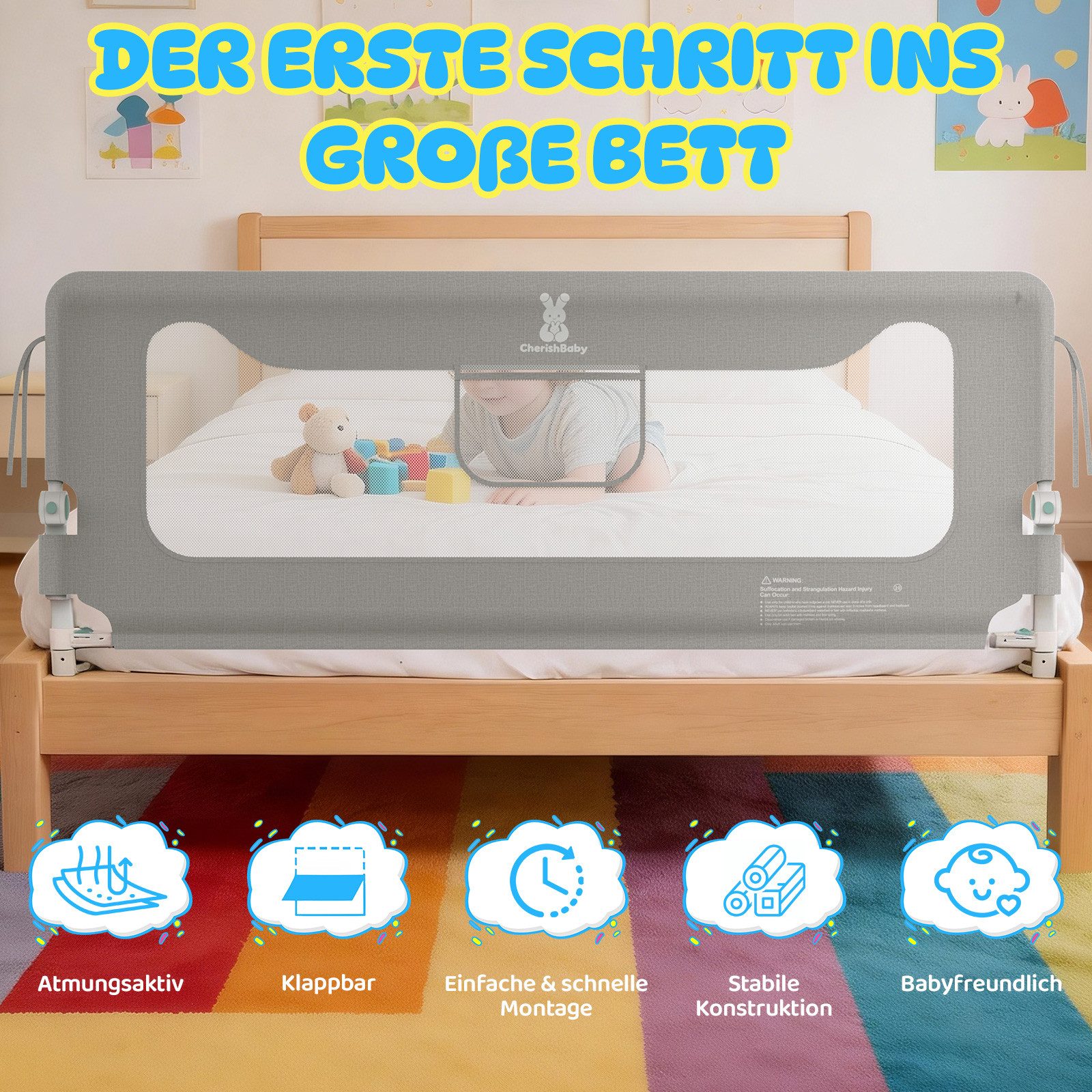 Huracan Bettschutzgitter Bettgitter 150/180/200cm, Rausfallschutz Bett, (14-Fach höhenverstellbar, Klappbar Bettschutzgitter für, Kinder Baby,Stabiler Kinderbet – Bild 5 von 5