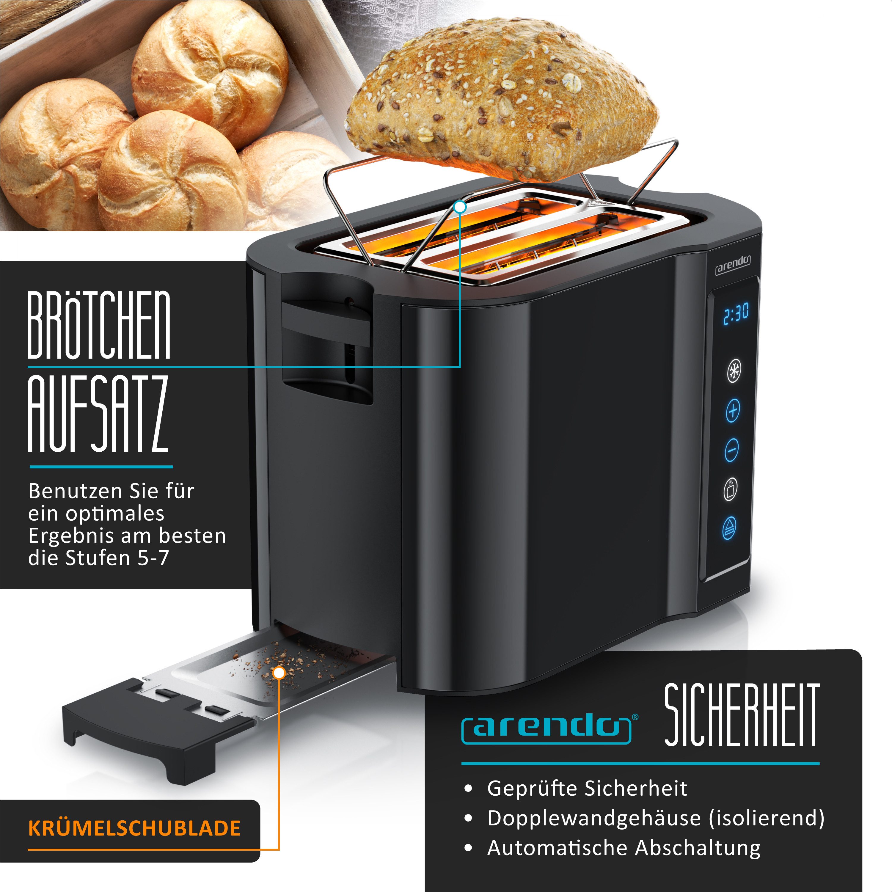 Arendo Toaster Wärmeisoliertes Doppelwandgehäuse, Display mit Restzeitanzeige, 2 kurze Schlitze, für 2 Scheiben, 800 W, Touchpanel, Brötchenaufsatz, 7 Bräunungsgrade, Brotscheibenzentrierung