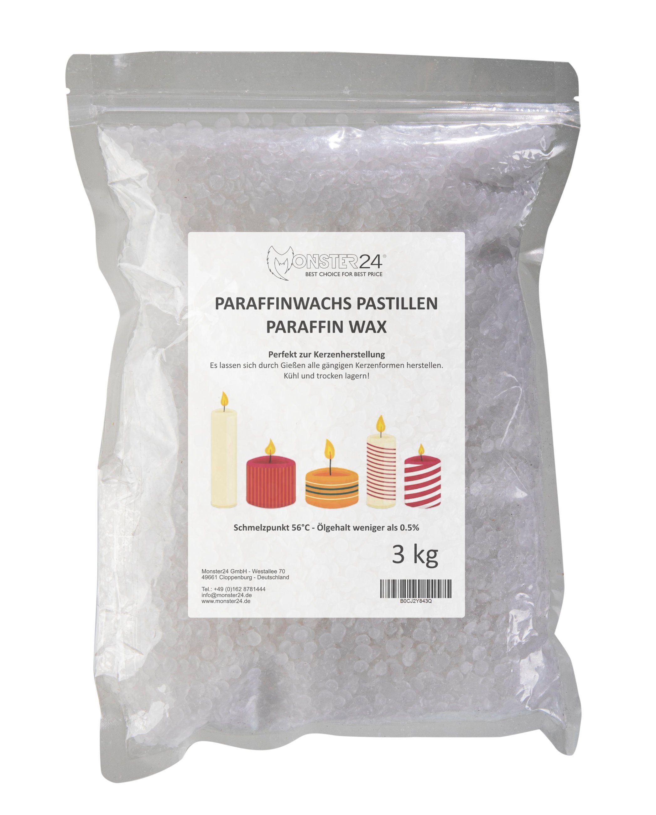 Monster24 Stumpenkerze Paraffinwachs Pastillen für Kerzen Kerzenwachs (3 kg), weiß