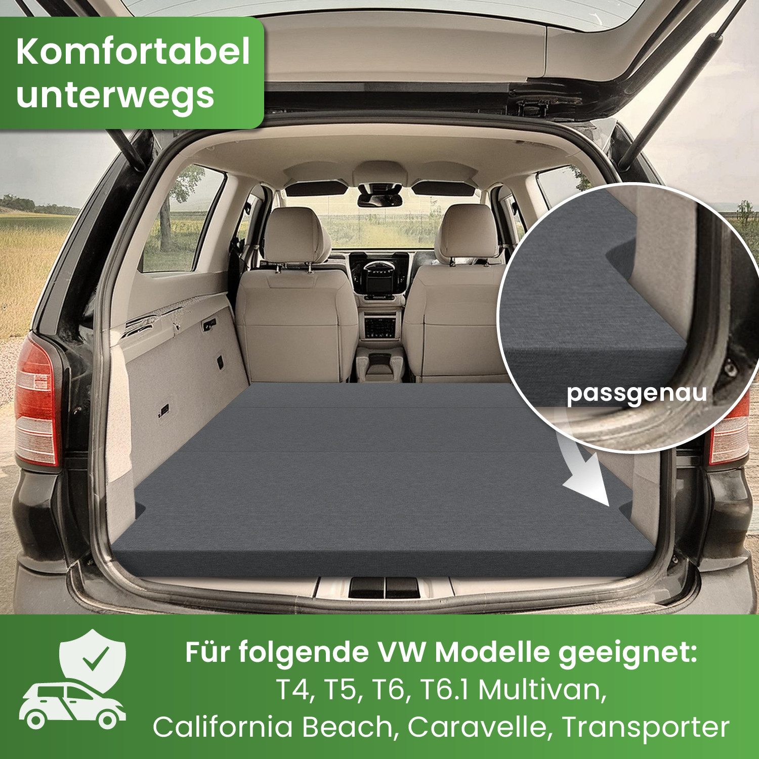 Klappmatratze VW Modelle: T4, T5, T6, T6.1 Multivan, California Beach, Caravelle, ELONEO, 8 cm hoch, maßgeschneidert, waschbarer Stoffbezug