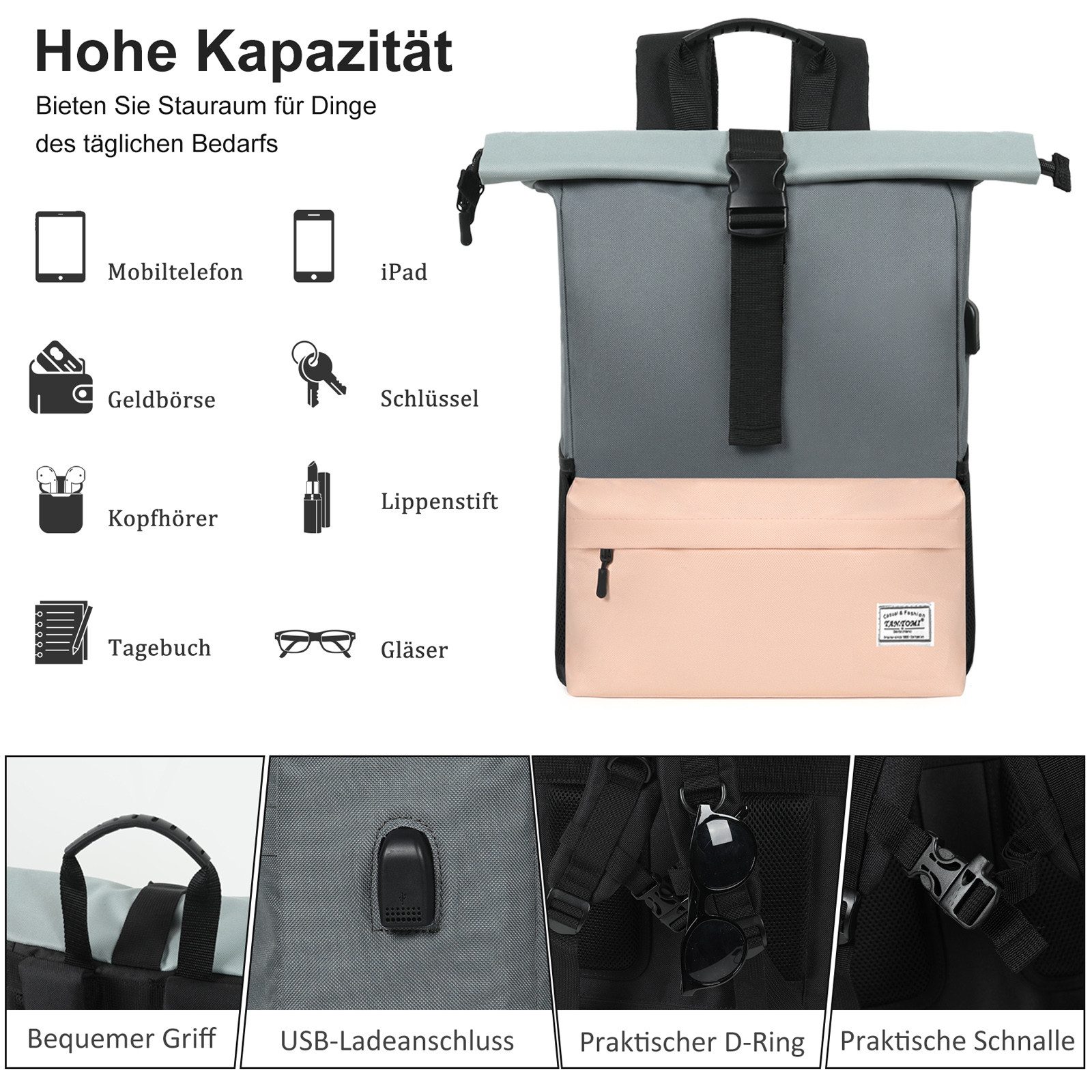 TAN.TOMI Cityrucksack Arbeitsrucksack Groß Unisex Tagesrucksäcke Rolltop Rucksack (Freizeitrucksack viele Fächer mit 15,6" Laptopfach/USB-Anschluss), Reiserucks – Bild 5 von 5