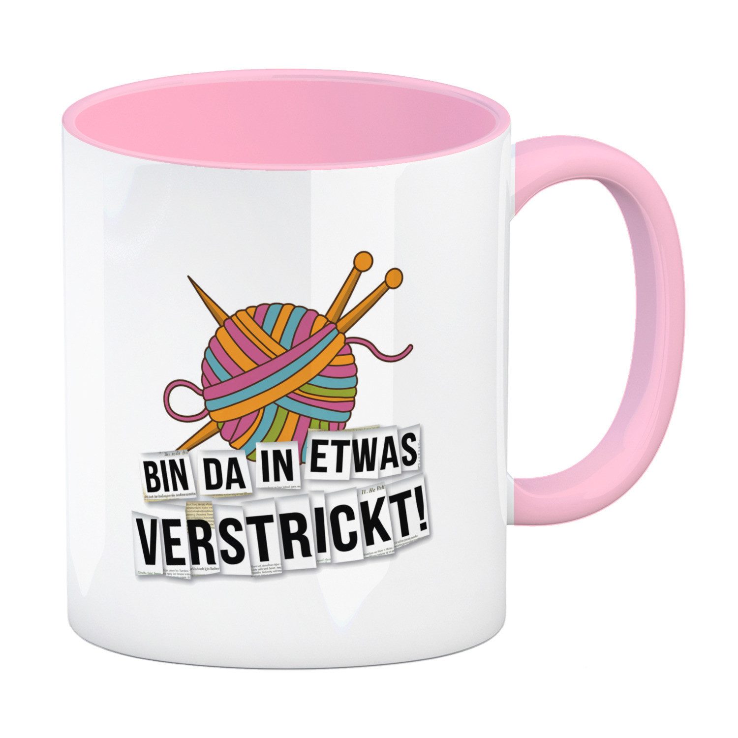 Tasse Bin da in etwas verstrickt Kaffeebecher rosa mit Wolle und