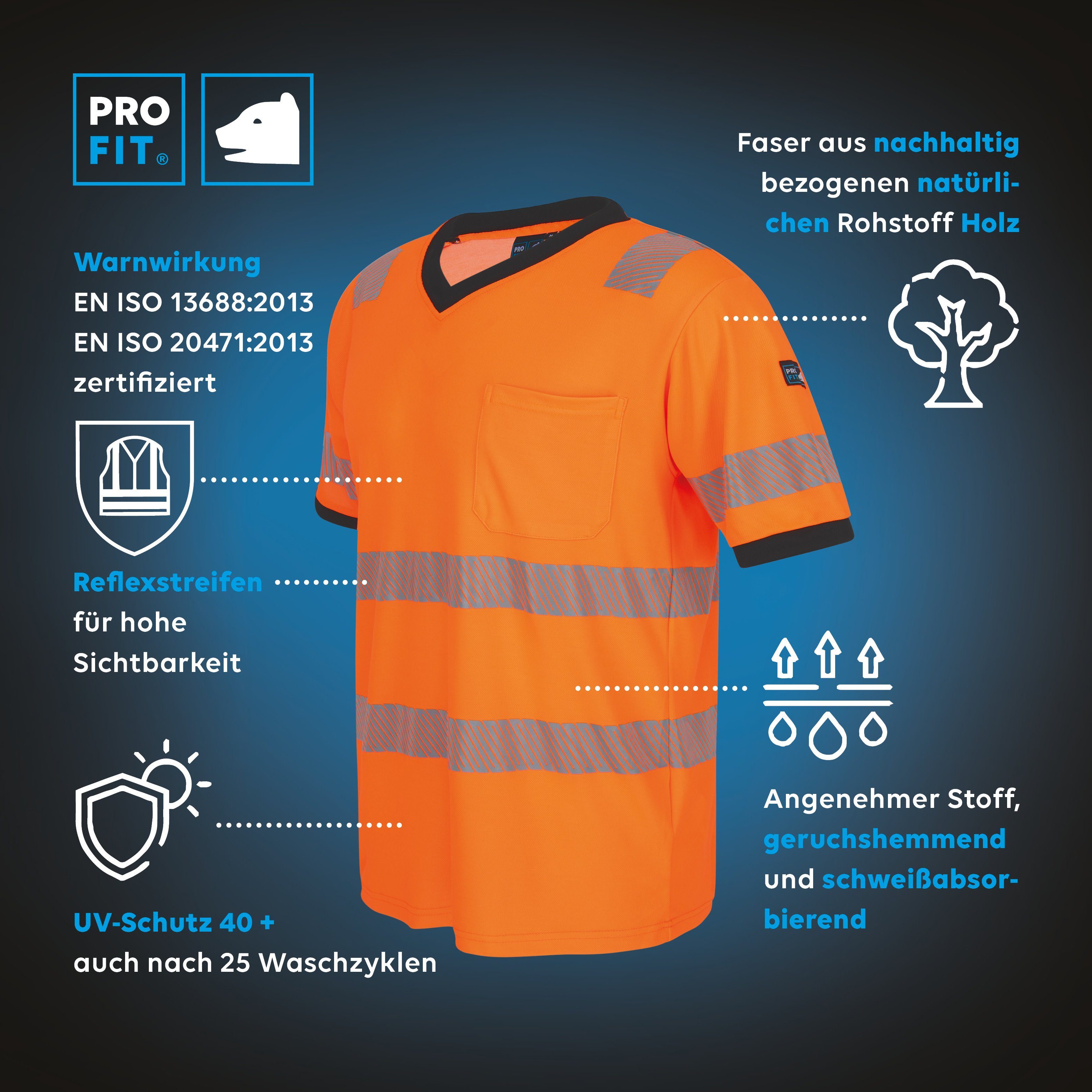 PRO FIT T-Shirt Warnschutz, Arbeits-Shirt, Warnshirt - Neonorange (1, Stück) Atmungsaktiv, Reflexstreifen, UV-Schutz, Allergiker geeignet, Unisex