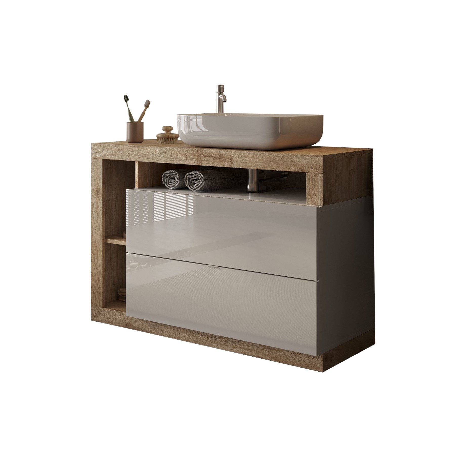 freiraum Waschtisch-Set HAMBURG, inkl. Becken, 2 Schübe, FSC, Weiß / Eiche Dekor - 110x92x49 (BxHxT)