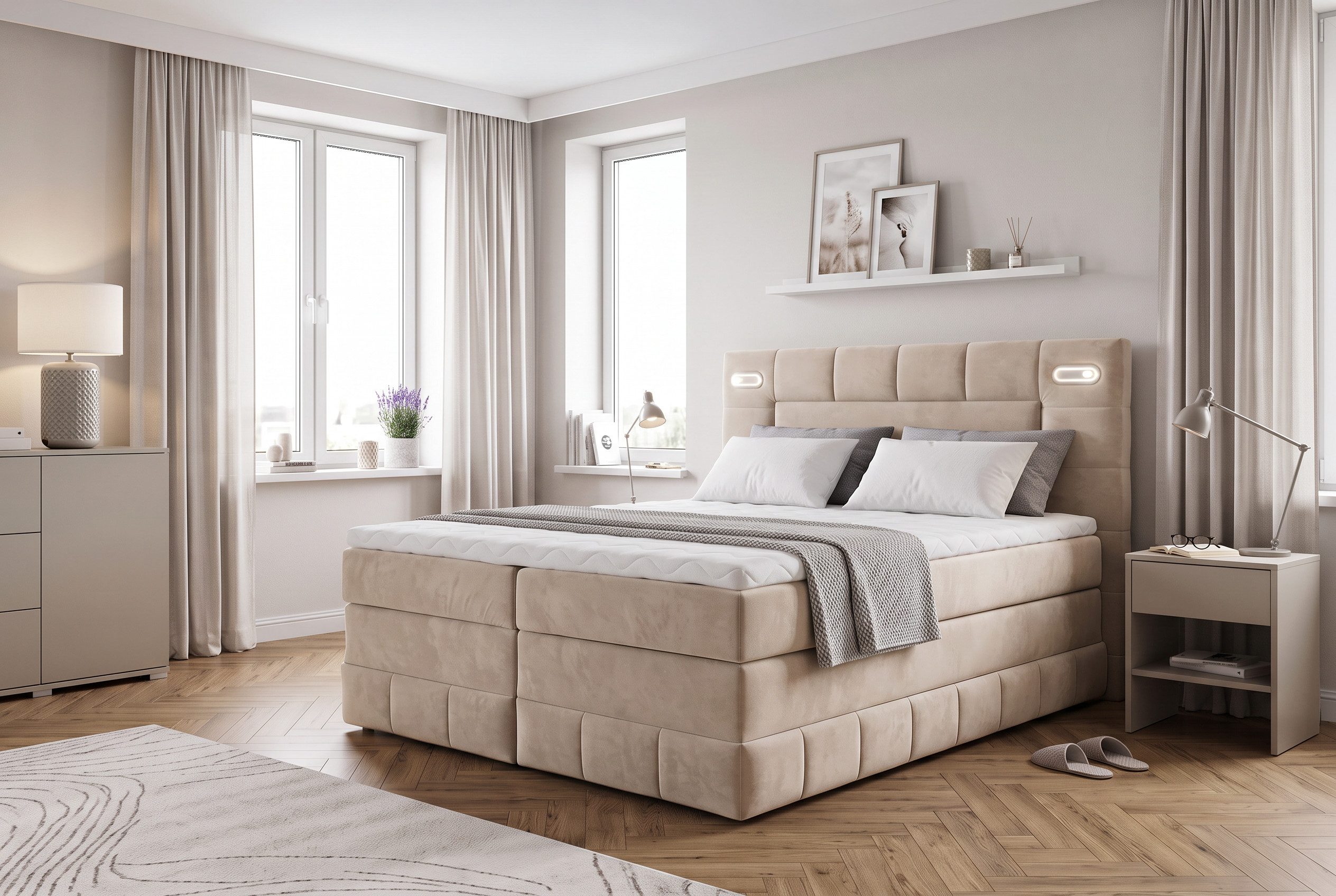 OTTO home Boxbett PHILIPPA, Polsterbett mit Bettkasten, mit Taschenfederkernmatratze H3 (Komfortliegehöhe: 64cm), mit Kaltschaum-Topper, Microfaser-Bezug, wahlweise mit LED-Beleuchtung
