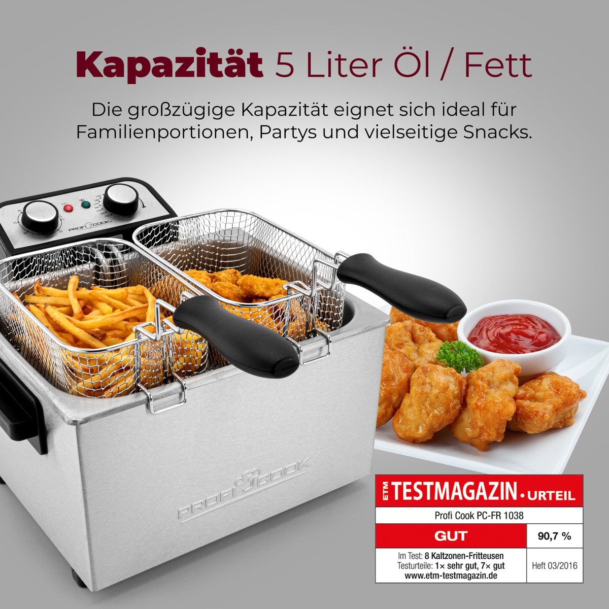 ProfiCook Kaltzonenfritteuse PC-FR 1038 inox, 5L Kapazität mit 3 Körben und Kaltzonentechnik