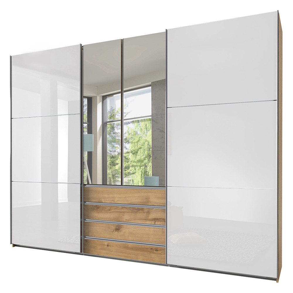 Lomadox Kleiderschrank MIDLAND-43 in Eiche Schwebetüren mit Glasfront weiß Spiegeltüren 300x236x65 cm