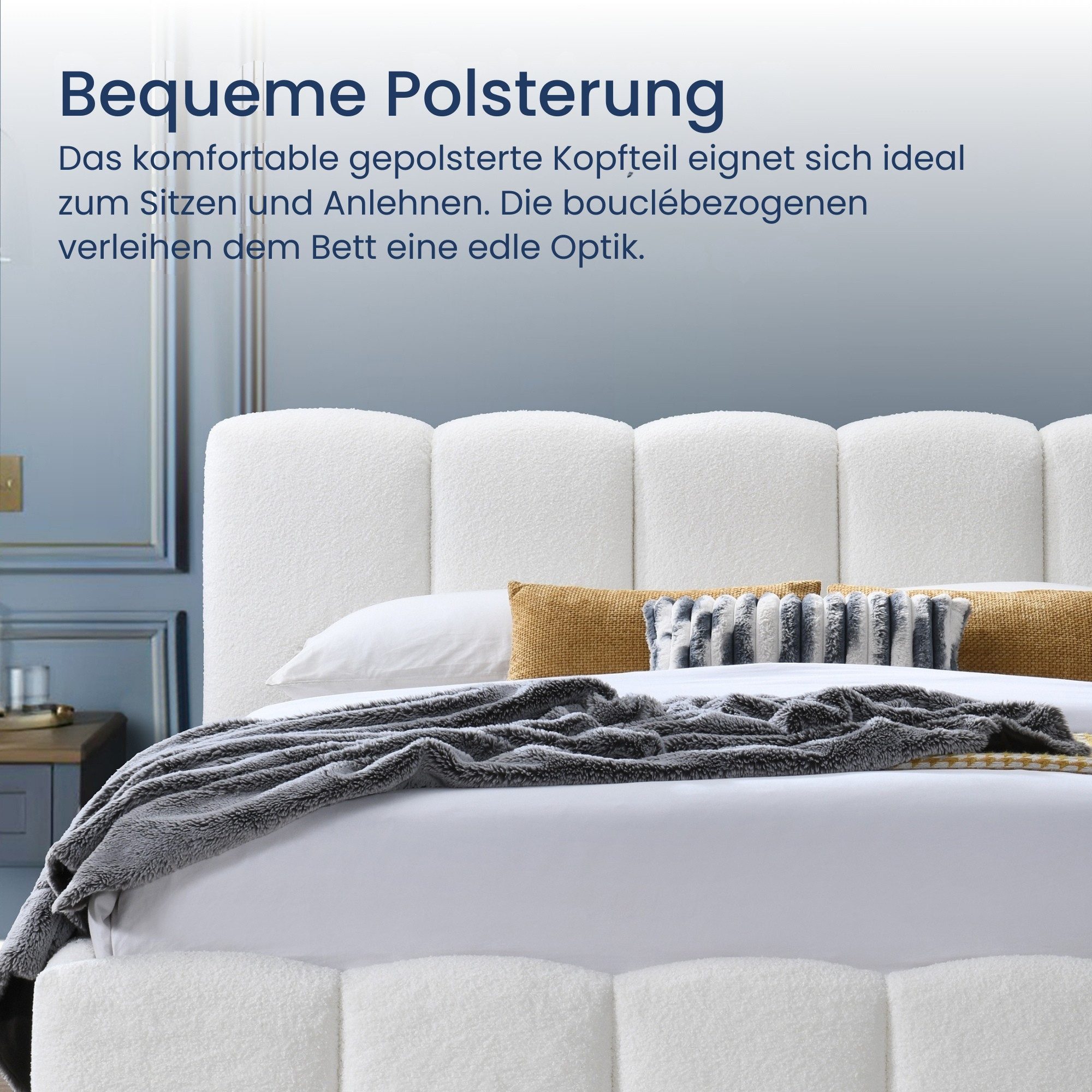 Home Collective Polsterbett Doppelbett 140x200 160x200 Bettgestell mit Lattenrost weicher Bezug (Doppelbett mit gepolstertem Kopfteil, robustes Gestell, hoher Liegekomfort), weiche Steppung im Bouclé-Look, Creme, 140x200 cm