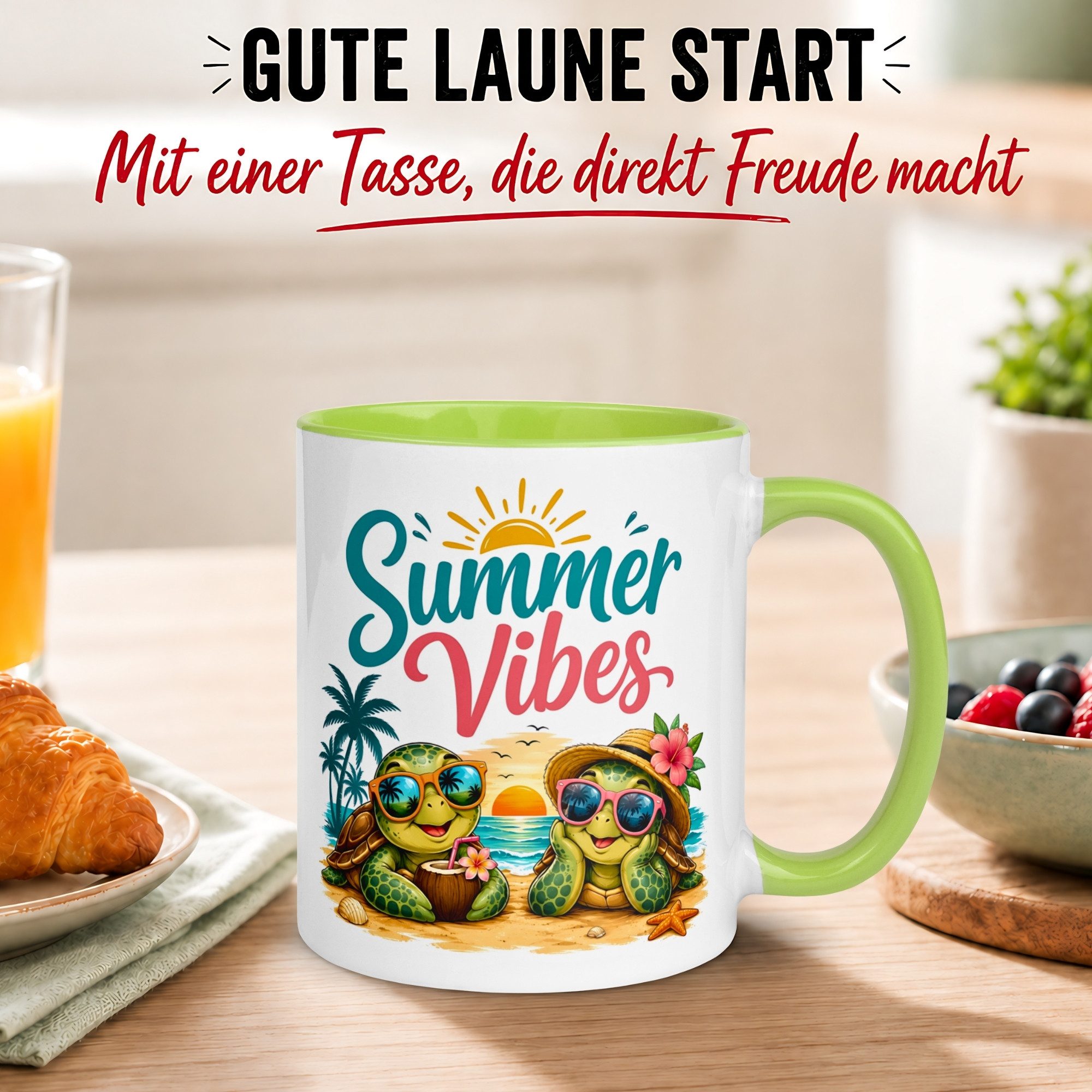 Momentals Tasse Schildkröte – „SUMMER VIBES“ – lustiges Strand Schildkröten Geschenk, Gratis Versand · Links-&Rechtshänder · Spülmaschinenfest