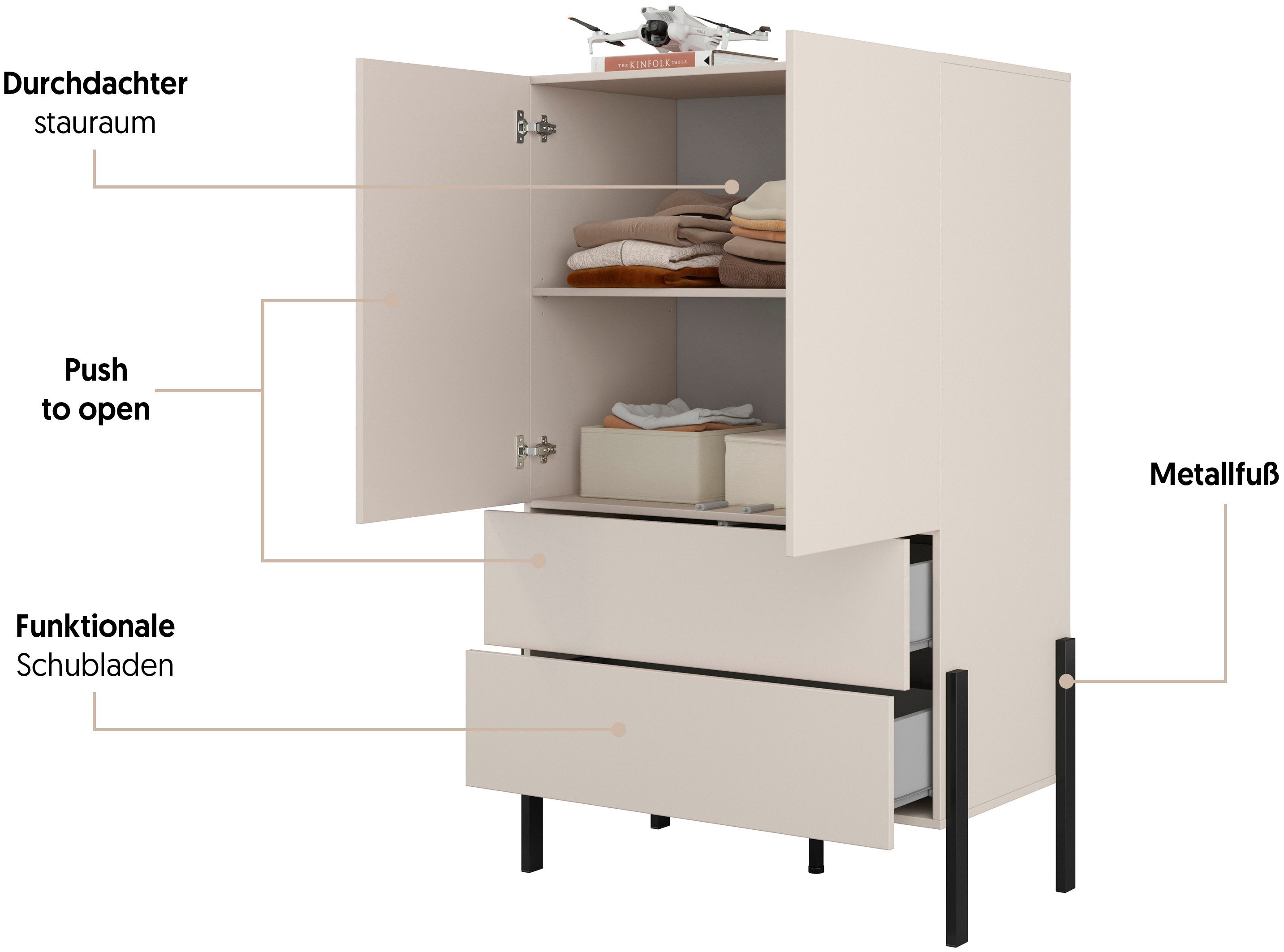 OTTO home Wäscheschrank Jukon, moderner griffloser Kleiderschrank, Metallfüsse, Made in Europe (90x150x50, ideal für kleine Räume oder Nischen) Mehrzweckschrank,2 Schubladen, 2 Türen, FSC-zertifiziert