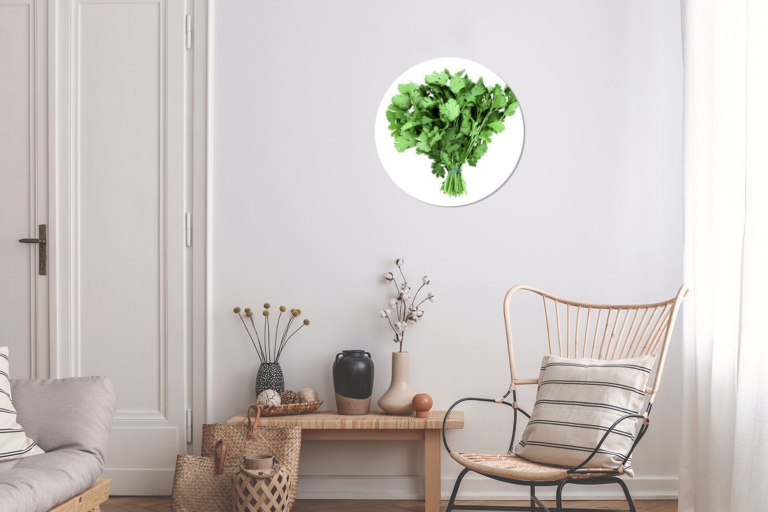 30x30 St), Wandbild, Wohnzimmer, Strauß Ein grüner Wanddekoration Forex, weißem cm vor Gemälde Hintergrund, Rundes Kreis MuchoWow Koriander (1
