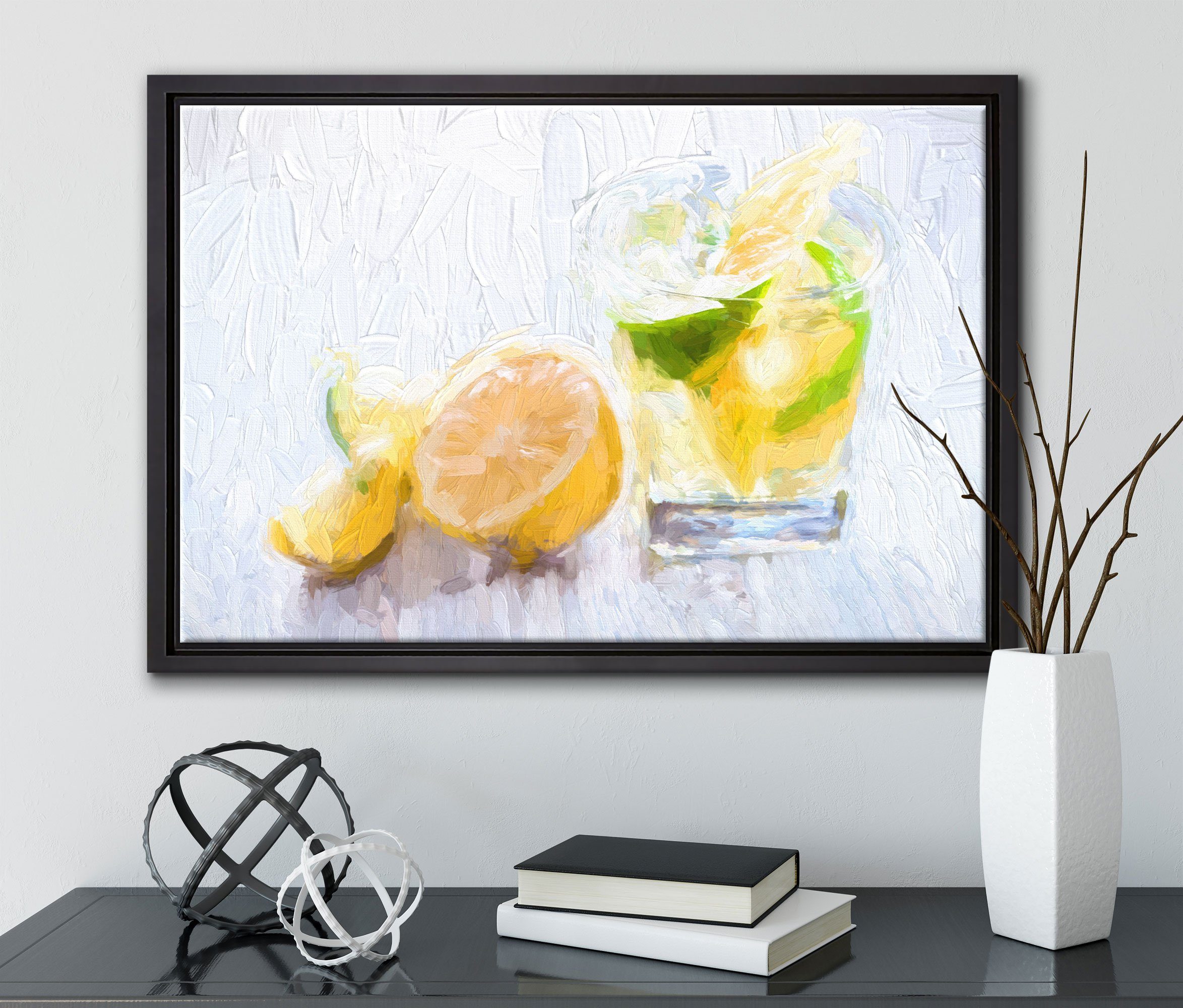 bespannt, inkl. St), Wanddekoration gefasst, Zackenaufhänger (1 Leinwandbild Zitronen, Gin einem Pixxprint in mit Tonic Shot fertig Schattenfugen-Bilderrahmen Leinwandbild