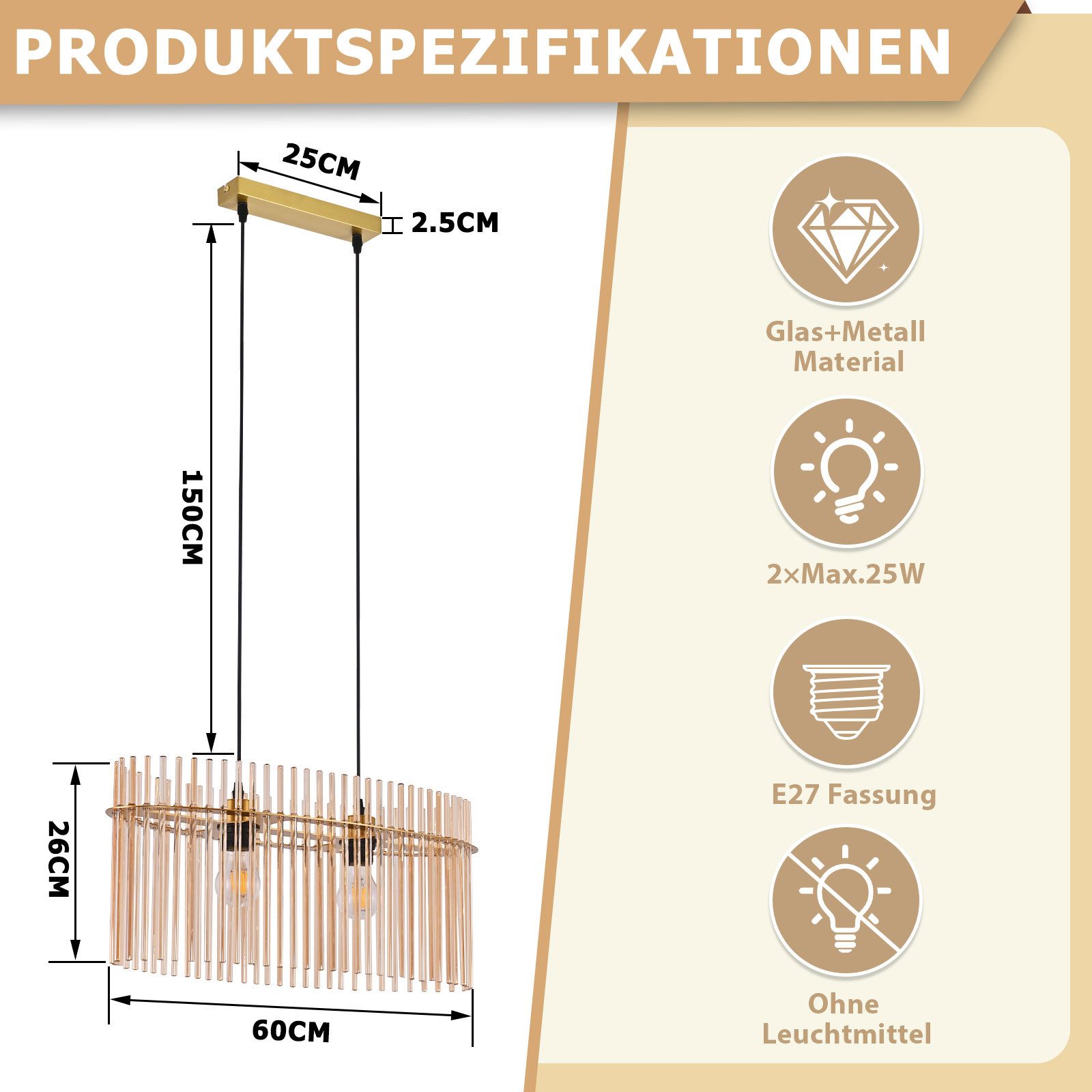 Nettlife Pendelleuchte Retro Schwarz/Gold 2 Flammig- Hängelampe kristall Schirm 60cm E27, ohne Leuchtmittel, für esstisch esszimmer Wohnzimmer Küche