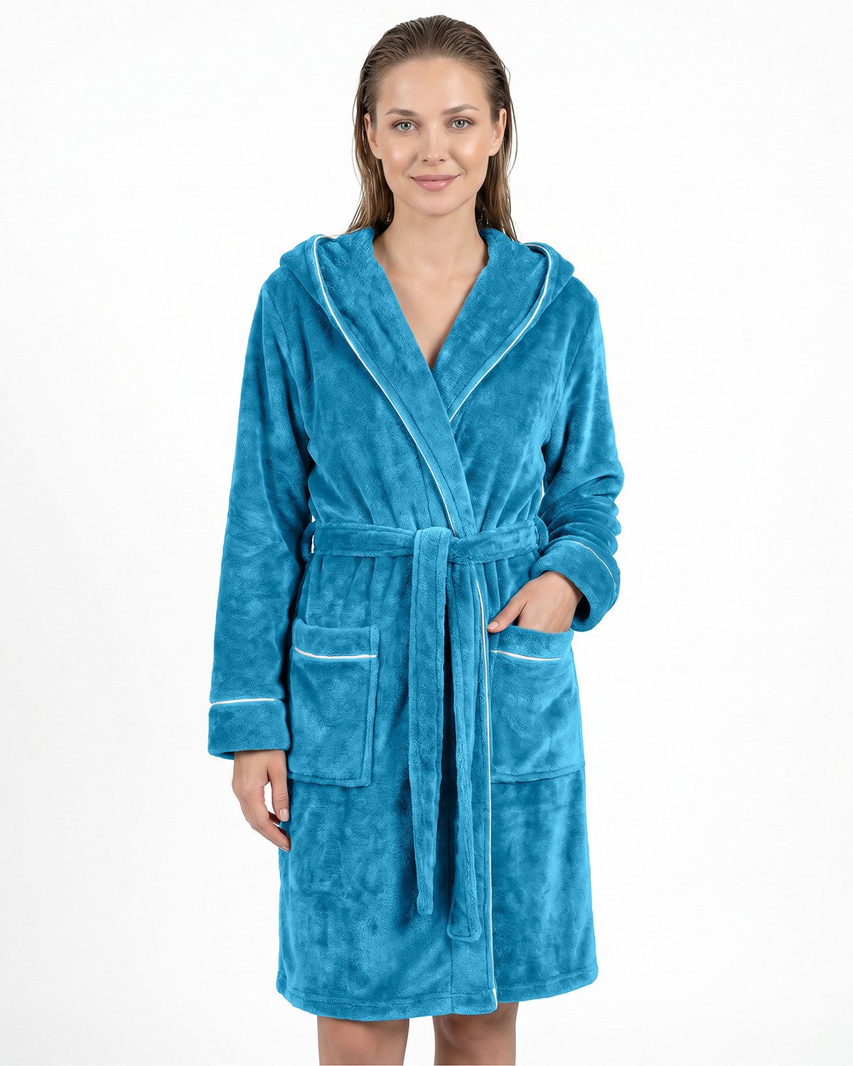 Gräfenstayn Damenbademantel Bademantel Damen flauschig Kapuze Kuschelfleece leicht kurz, warm & kuschelig, Knielang, Fronttaschen, Gürtel, S-XXL