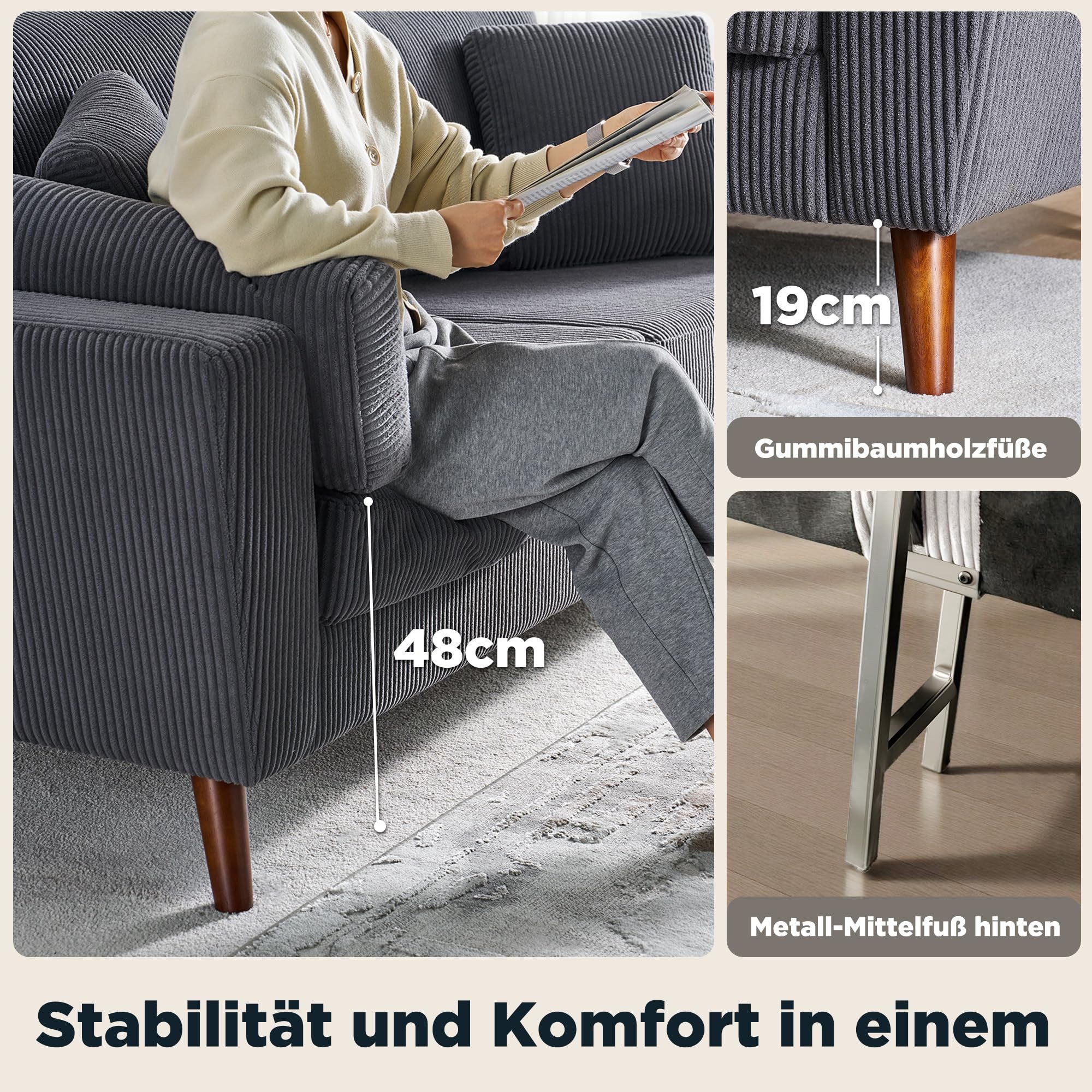 AMERLIFE Big-Sofa 220 cm 2-Sitzer Cord Sofa in Grau, modernes Wohnzimmer Sofa, 1 Teile, 19 cm Beine, Belastbar bis 450 kg – Bild 5 von 5