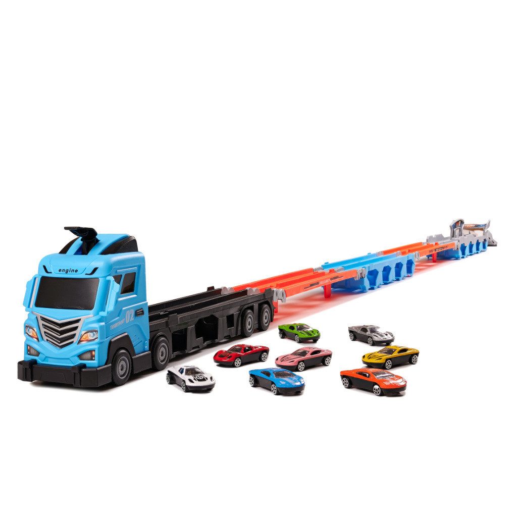 Ikonka Autorennbahn Autotransporter Rennstrecke Spielzeugset (Streckenlänge 2.1 m), (Spar-Set, 1-tlg., 210 cm Bahn klappbar), 2,1 m Bahn, 8 Autos, klappbar, Startvorrichtung