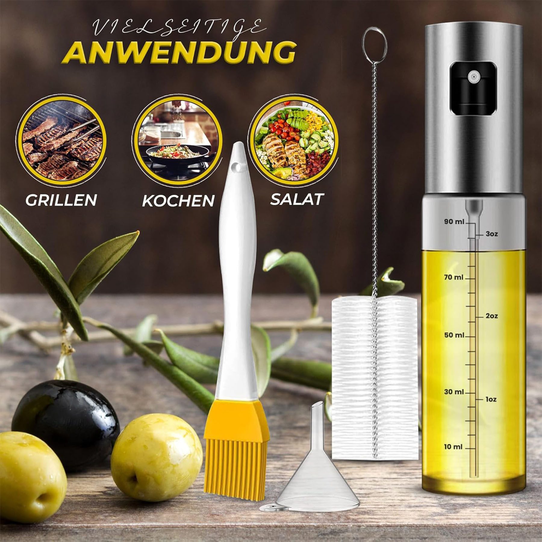 Mutig Ölspender Ölsprüher zum Kochen,2 Stück Öl sprühflasche Glas mit 4 Zubehörteilen, (100ml Öl Sprühflasche mit Reinigungsbürste, Öl-Pinsel und Trichter, Ölkanne aus Glas und Rostfreiem Stahl, Auslaufsicherer Ölspray), Auslaufsicherer Ölspray für Kochen, Grillen, Salat & Heißluftfritteuse