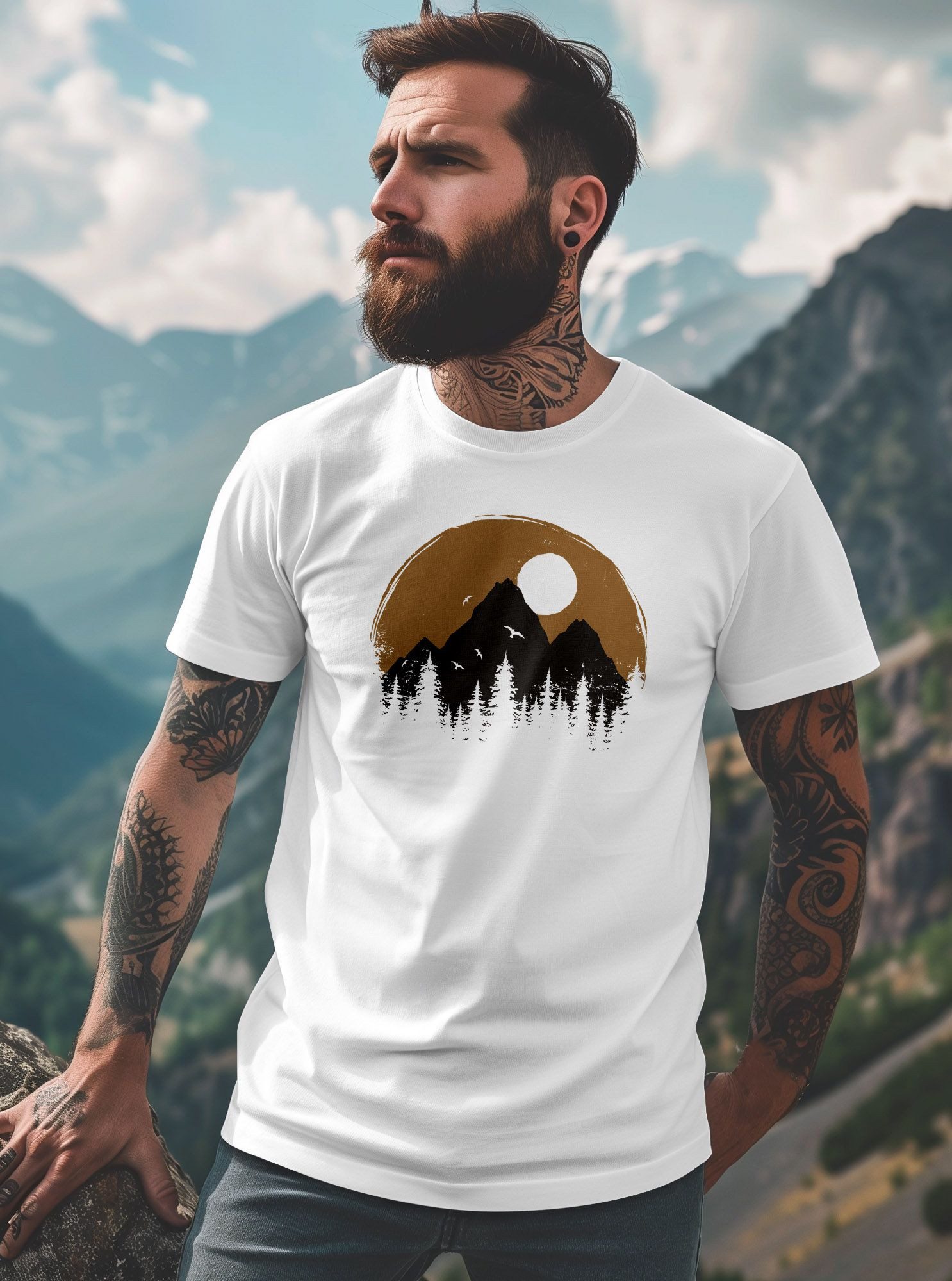 Neverless Print-Shirt Herren T-Shirt Outdoor Print Natural Badge Logo Wandern Fashion mit Print