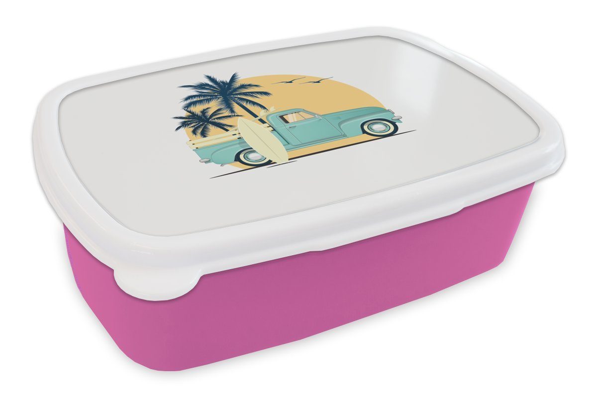 MuchoWow Lunchbox Auto - Surfen - Palme - Zeichnung, Kunststoff, (2-tlg), Brotbox für Erwachsene, Brotdose Kinder, Snackbox, Mädchen, Kunststoff rosa
