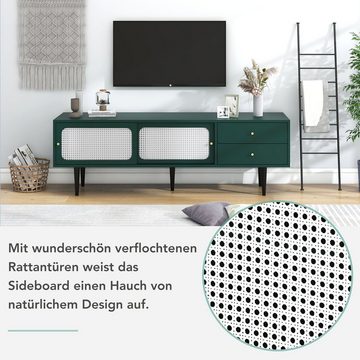 WISHDOR TV-Schrank TV-Ständer (mit Rattan-Schiebetüren und praktischen Schubladen, grün mit weißem Rattan, 2 Schubladen, 2 Rattan-Schiebetüren) 4 Fächer mit beweglichem Laminat