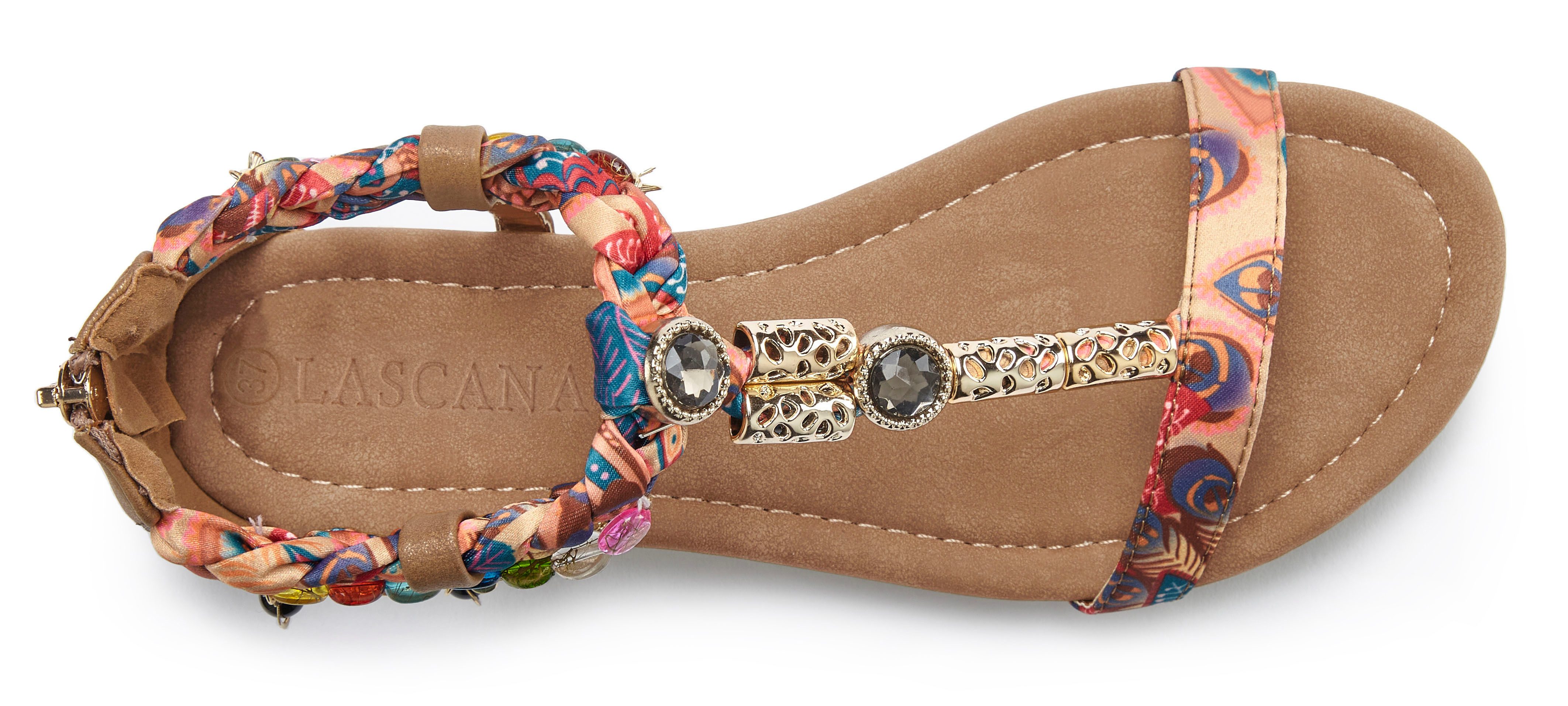 LASCANA Sommerschuh, Sandalette, offener Schuh, Sandale mit Schmuckkettchen und Schmucksteinen im Festival-Look VEGAN