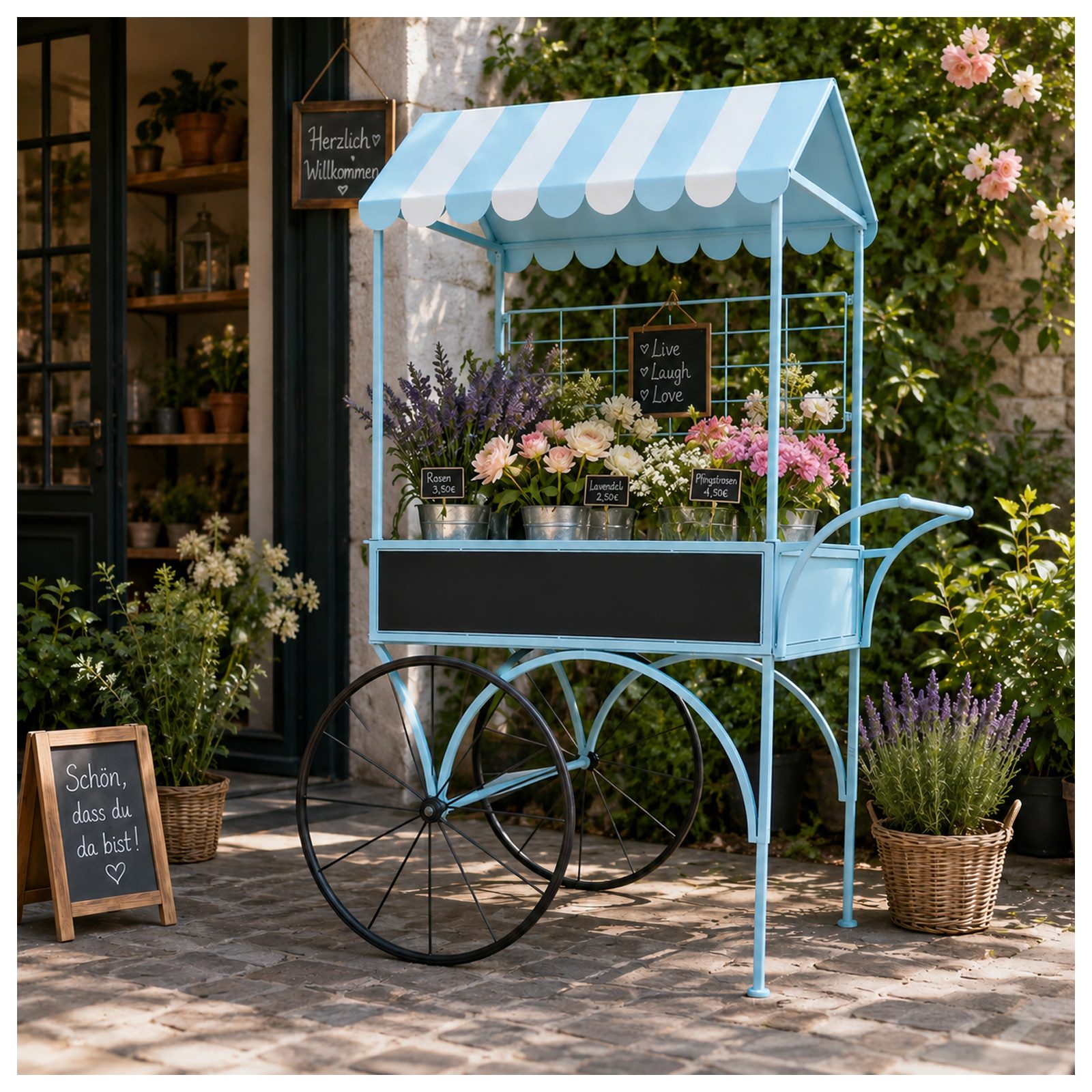 HTI-Living Gartenfigur Dekorativer Blumenwagen aus Metall blau Vintage Buffetwagen für Garten, (1 Marktwagen ohne Dekoration), Marktwagen auf Rädern