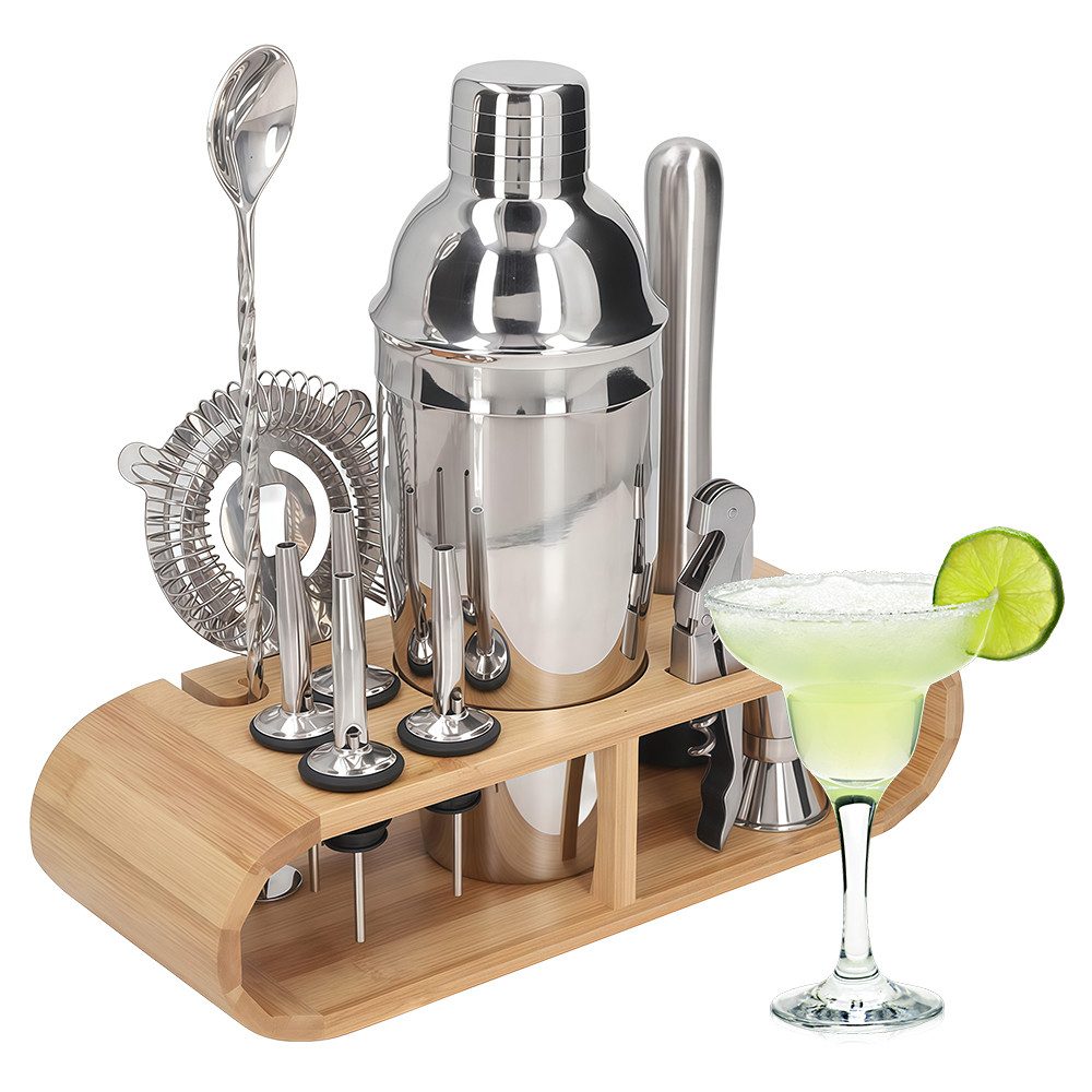 PFCTART Cocktail-Set Cocktail Set, Cocktail Shaker, 12-teilig, 750 ml, Barkeeper Set, (Set, 12-tlg., All-in-One-Barkeeper-Set, Rezept inklusive, für Zuhause & Bar), Cocktail Zubehör, Edelstahl, Holzständer, lebensmittelecht, stabil