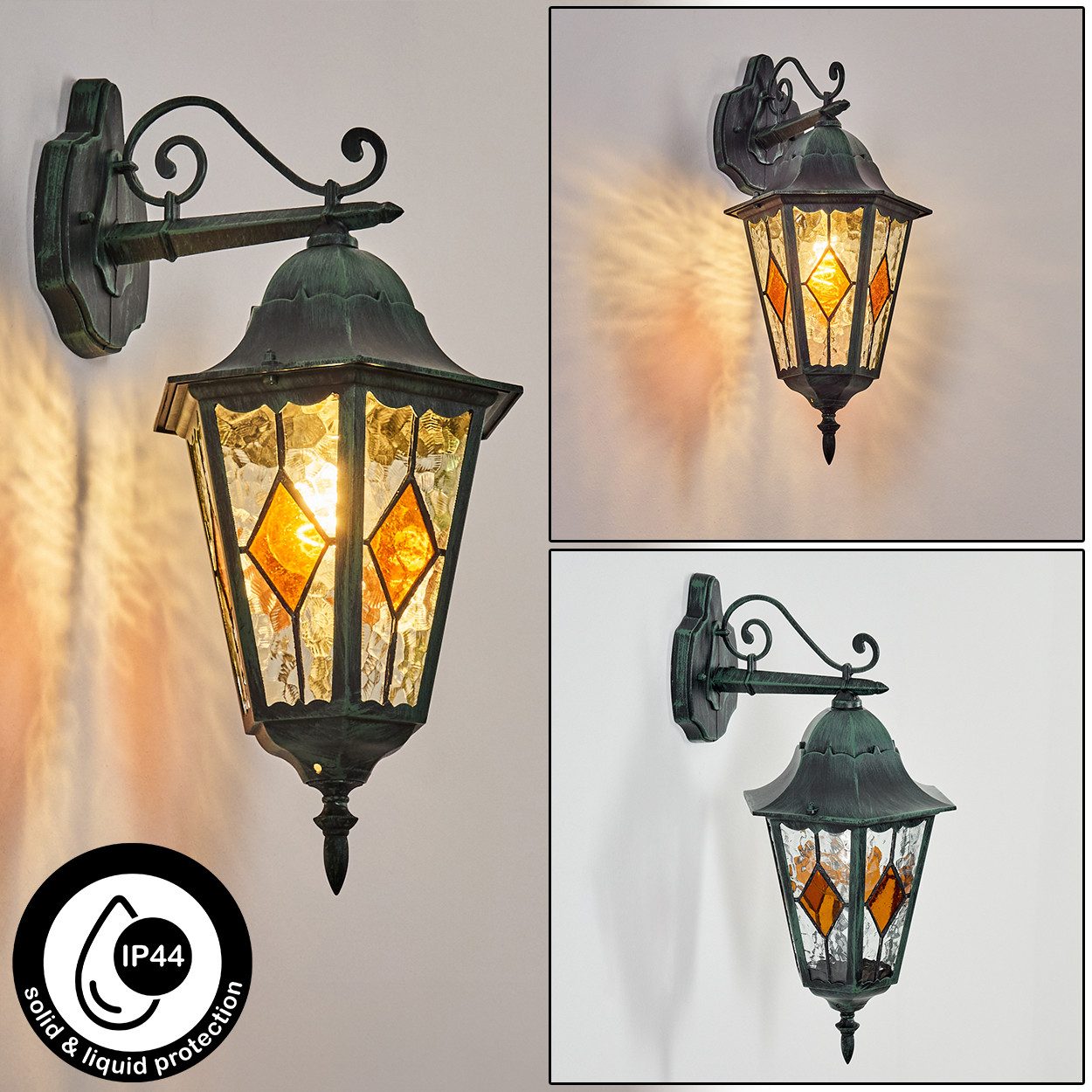 hofstein Außen-Wandleuchte Außenwandlampe aus Metall/Glas in Schwarz/Grün/Klar/Orange, Wandleuchte außen im Vintage/Antik/Landhaus-Design, E27, IP44