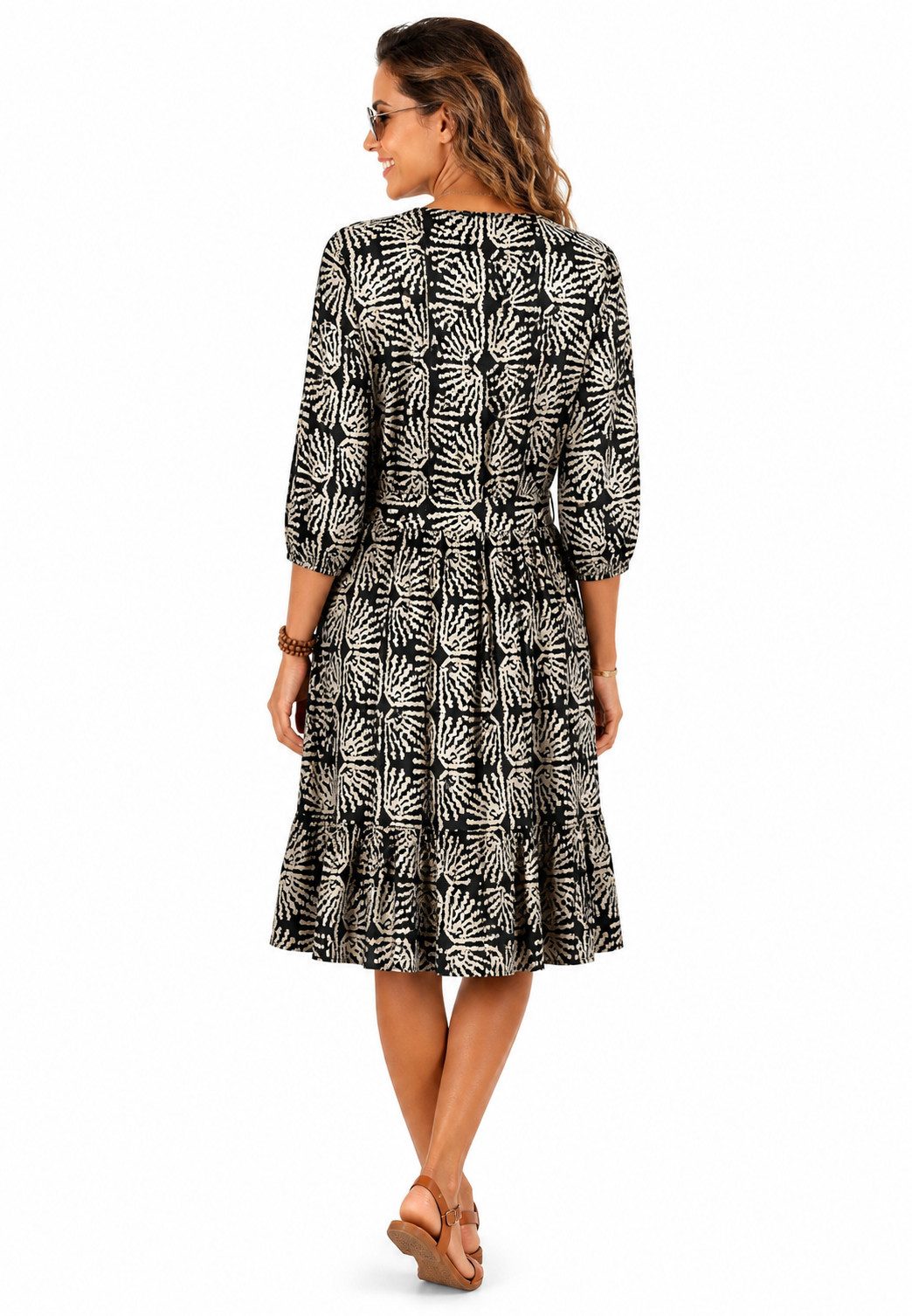 SUBLEVEL Sommerkleid Sommerkleid mit Print und Gürtel Freizeitkleid 3/4 Arm Kleid Volant