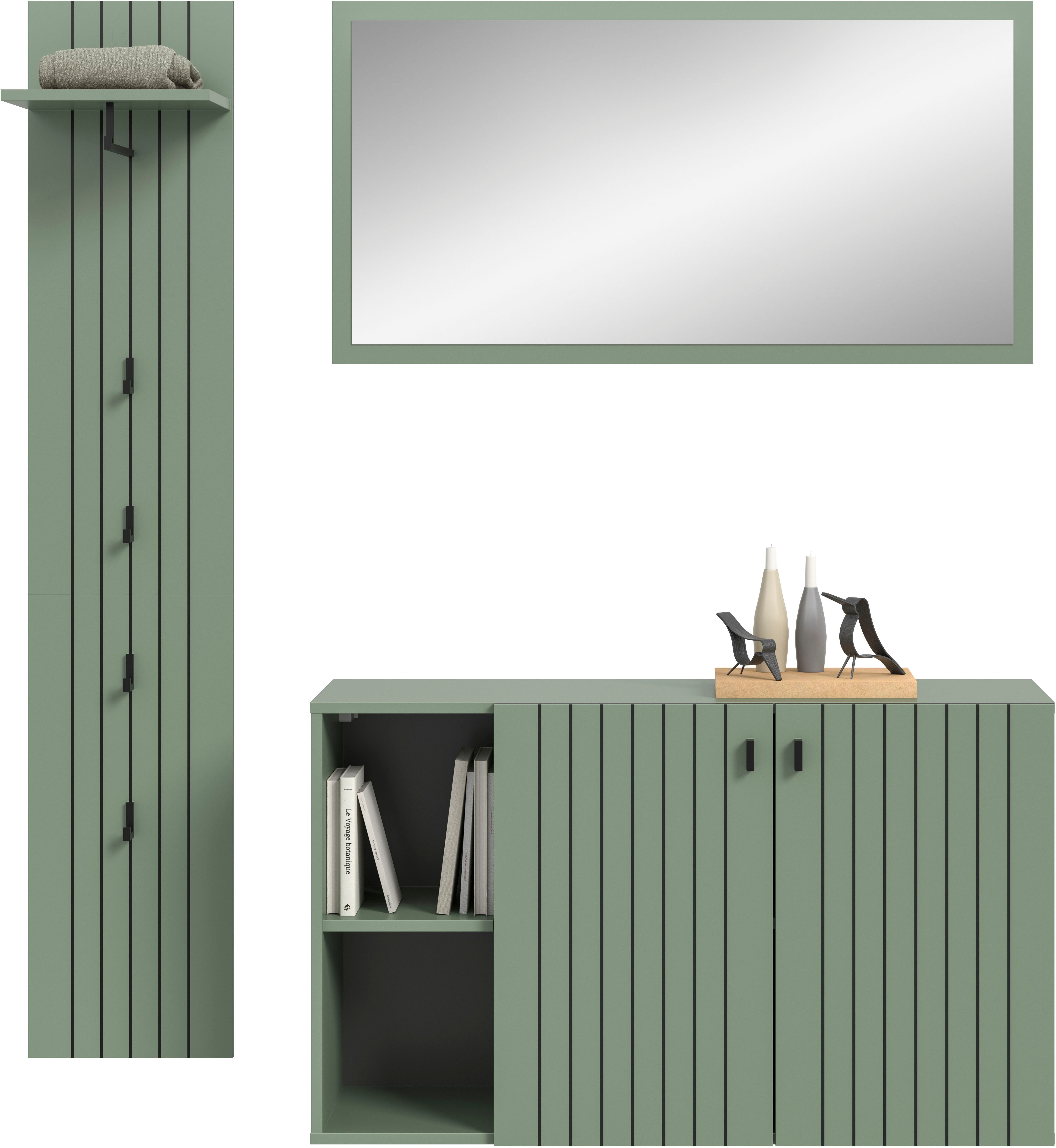 Home affaire Garderoben-Set TATIO, 3-tlg. Garderobenkombination, Breite: 152 cm, Rilenfräsung, (Set, 3-St., Set, best. aus: 1 Garderobenpaneel, 1 Spiegel, 1 Schuhkommode), Garderobenkombination, Kombi, Flur-Möbel, Spiegel,Schuhkommode