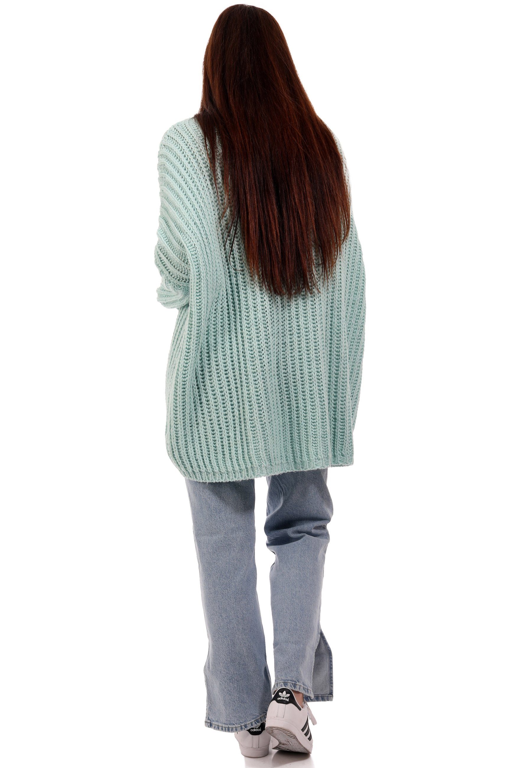 Style aqua Oversized light YC One Vokuhila Size Pullover Sweater (1-tlg) Grobstrick Fashion casual & Longpullover