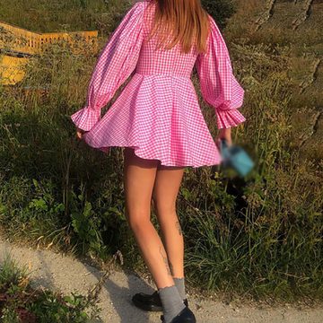 AFAZ New Trading UG Sommerrock Rosa kariertes Damenkleid mit Schmetterlingskragen und langen Ärmeln Eleganter und modischer Rock in A-Linie