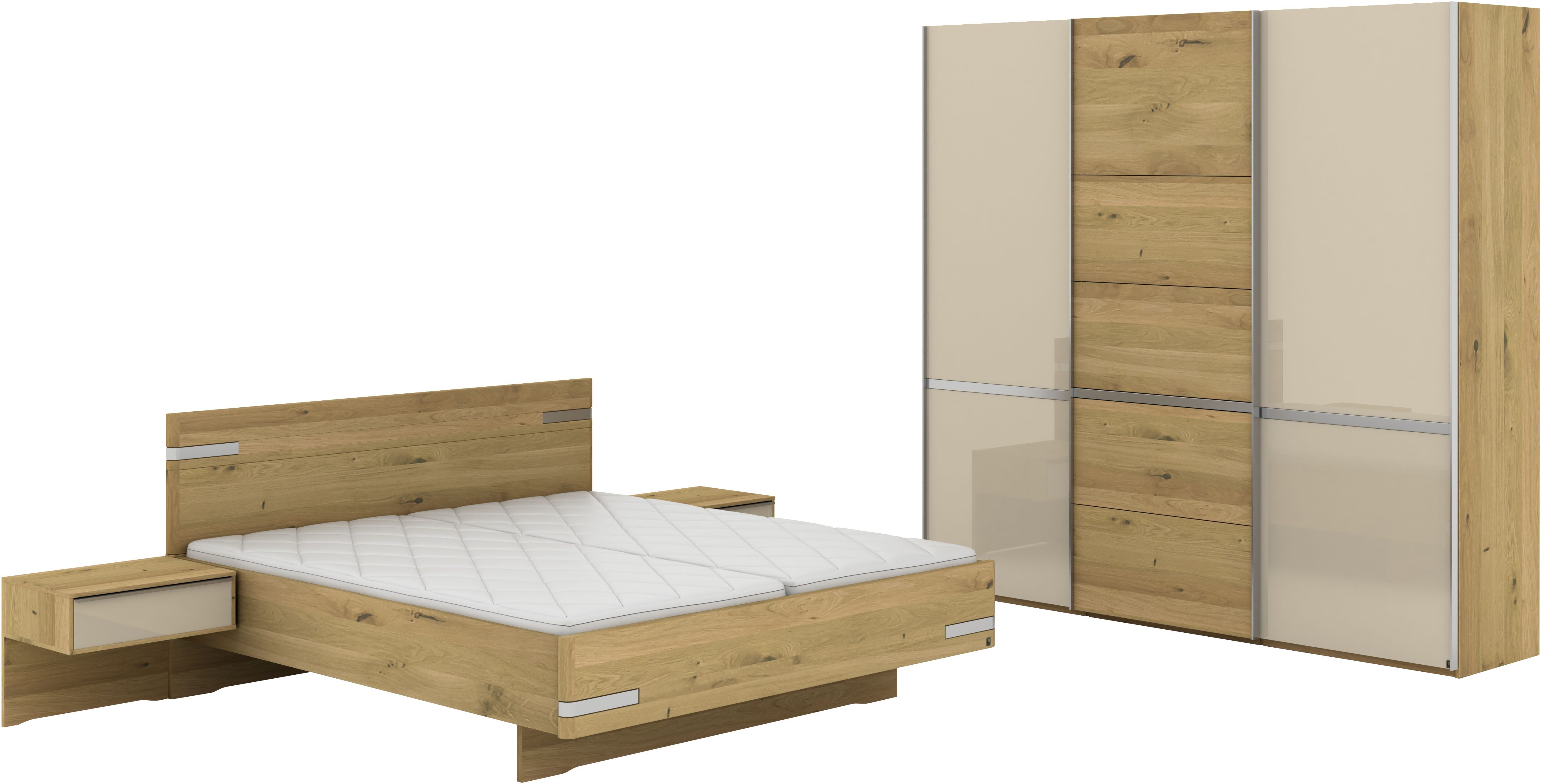 Musterring Schlafzimmer-Set Savona, Kleiderschrank, Bett & Nachtkommoden, teilmassiv Bianco-Eiche, (2er-Set Nachtschränke, Schwebetürenschrank, Bett 180x200 cm), Eiche- und Glastüren, Kopfteil Eiche, Konsolen Glasfront, Höhe 236cm