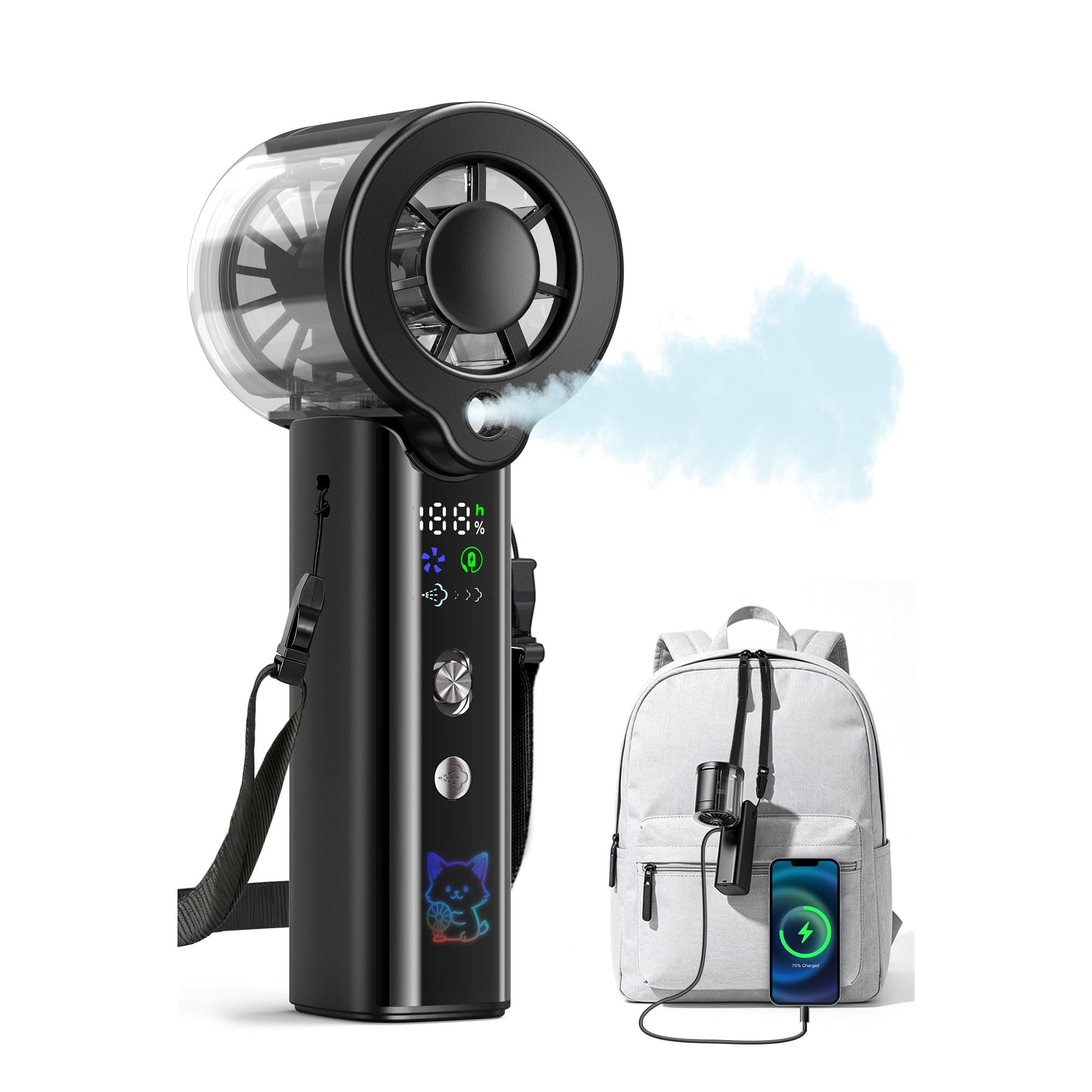 nsihing Handventilator Verbesserter, tragbarer und wiederaufladbarer Sprühnebel-Ventilator, Handventilator mit 4000-mAh-Akku und LED-Anzeige