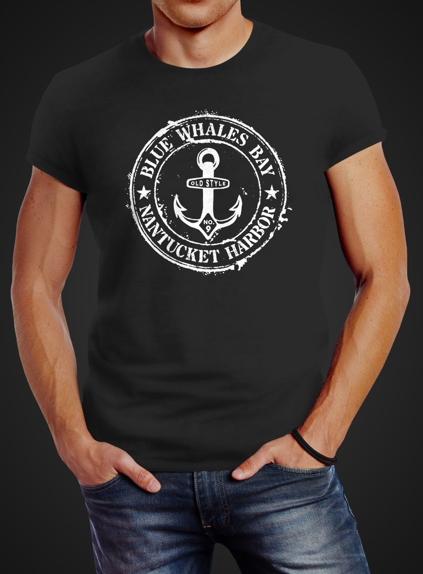 Neverless Print-Shirt Herren Neverless® Print mit Print T-Shirt Anker Badge maritim Retro schwarz Motiv Vintage Anchor