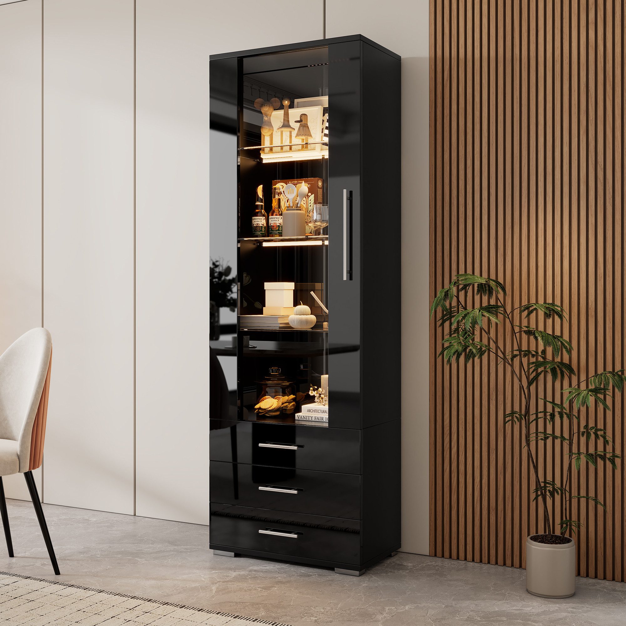 BlingBin Vitrine Hochglanzvitrine Glasvitrine Standvitrine mit LED-Beleuchtung (Aufbewahrungsschrank mit 3 Schubladen und 1-Tür, Gehärtetem Glas + Acryl, 1-St., Größe: 60*35*180cm, Tragfähig: 30kg, Bücherschrank) Vitrinenschränke für Wohnzimmer, Arbeitszimmer, MDF, Schwarz