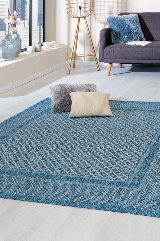 Teppich Teppich modern Design, blau, Peyer Syntex, Rechteckig, Höhe: 5 mm, Flachgewebe, Indoor & Outdoor, rechteckig, für Wohnzimmer, Esszimmer, Schlafzimmer, mit Bordüre