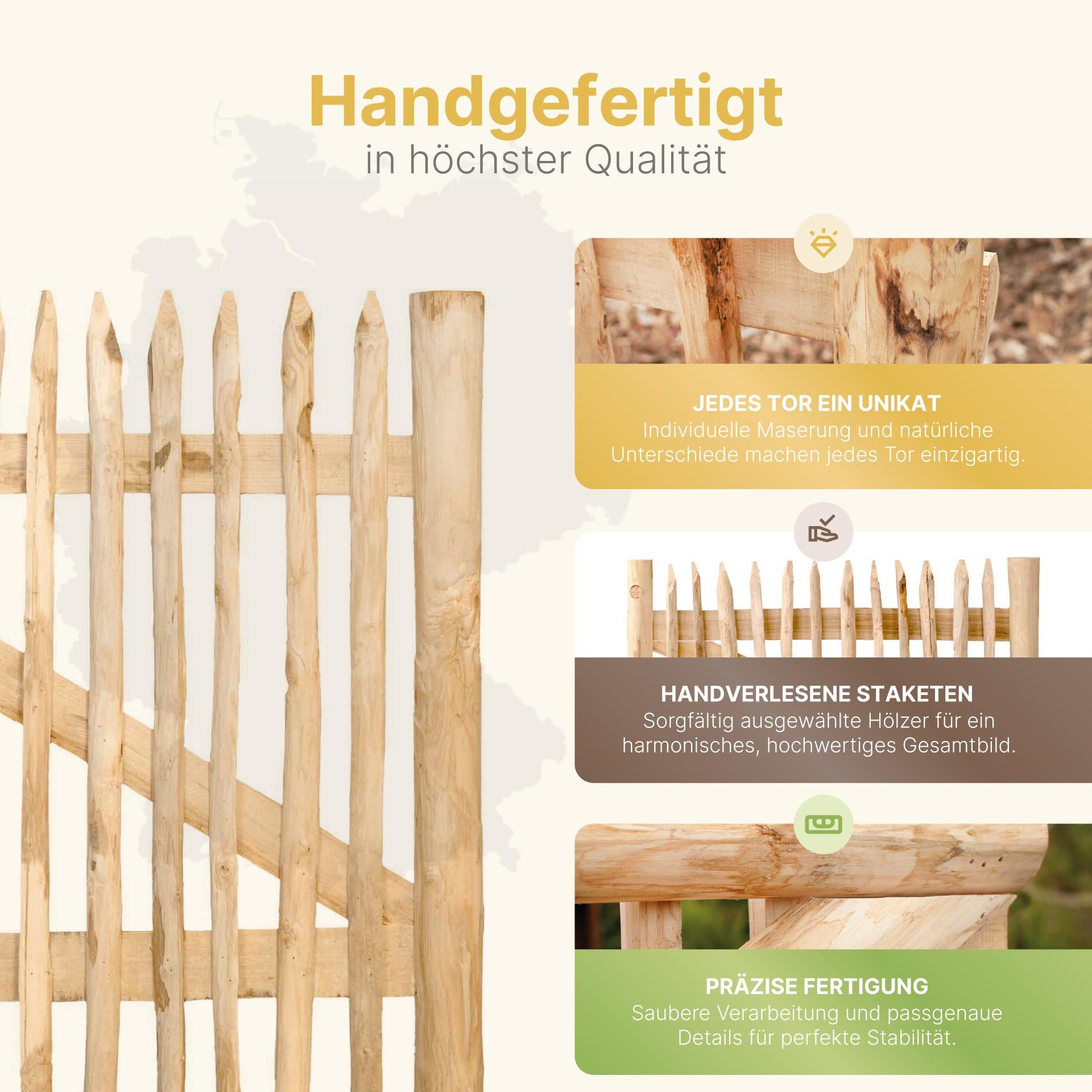 STILTREU Gartentor Classic Staketenzaun-Tor aus Edelkastanie (Breite 75 cm x Höhe 80 cm)