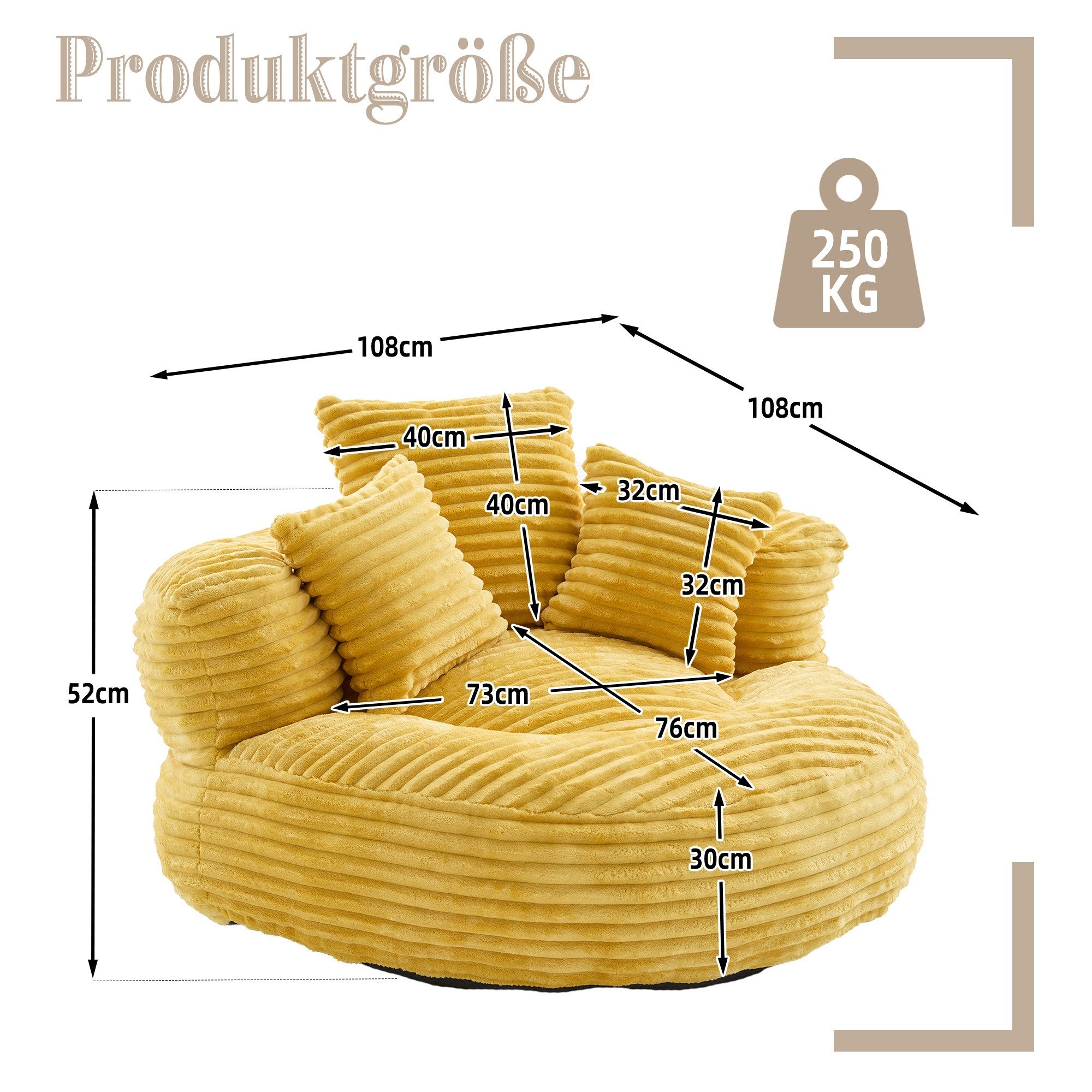 LVHOM Sitzsack 108x108x52cm Chenille Premium Sofa mit 3 extra Kopfkissen (Kuschelig & Atmungsaktiv, Einzelsitzer-Lounge, komplett komprimiert geliefert. Perfekt für Ruhe, Lesen, Gaming & Nickerchen. Ideal für Wohnzimmer, Schlafzimmer, Spielzimmer & Office, Belastbar bis 150kg. Nettogew. 20,5kg), Memory Foam Split, Selbstaufrichtung <3 Tage, Maximaler Liegekomfort