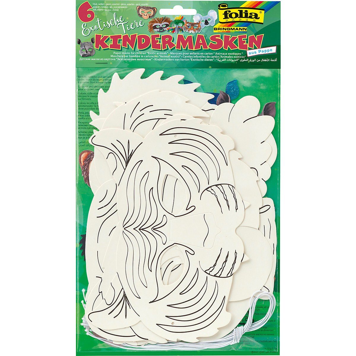 Folia Bastelkartonpapier Kindermasken Exotische Tiere, 6 Stück