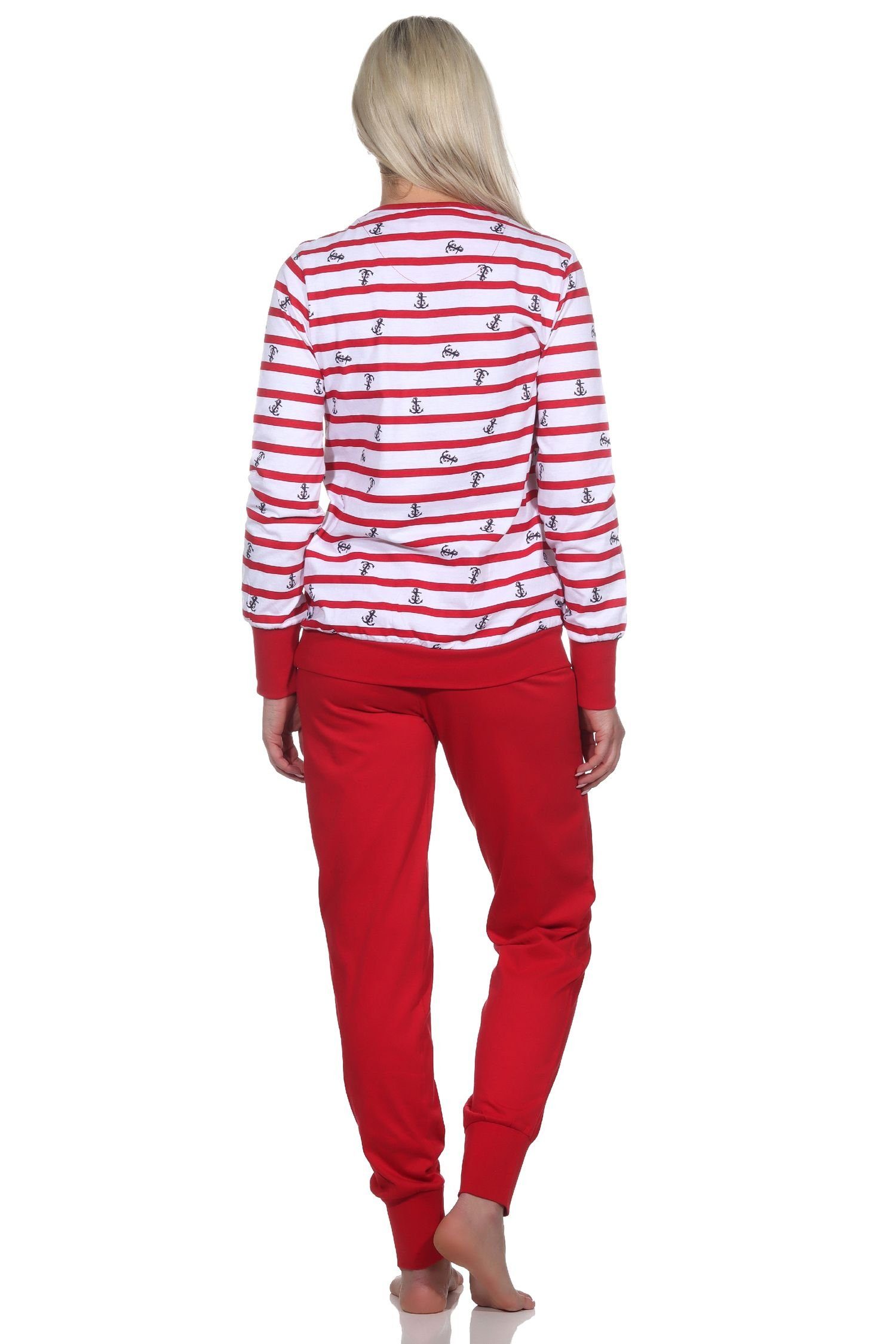 mit - Bündchen maritimer in auch in rot Übergröße Optik Pyjama Schlafanzug Normann Damen