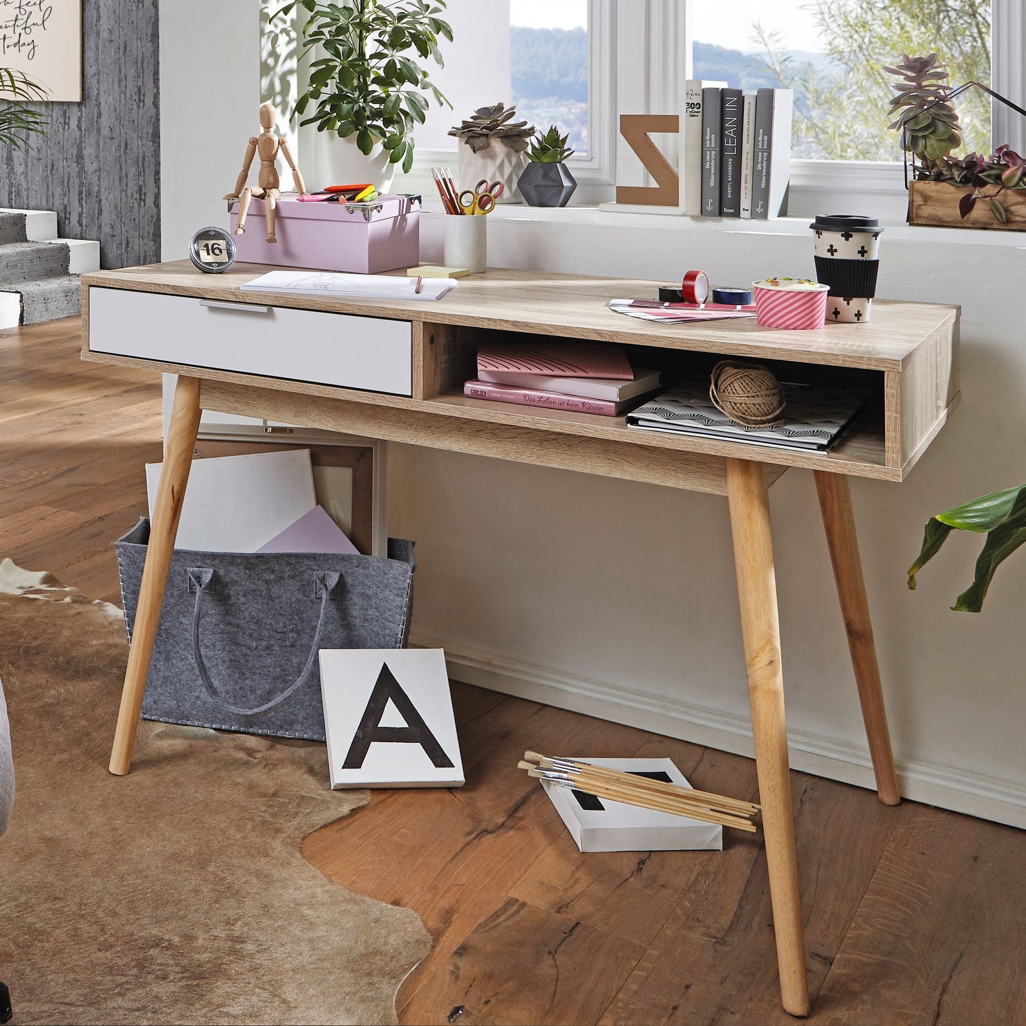 cm Bürotisch PC-Tisch / Sonoma Schreibtisch mit Eiche Weiß), mit Home Office, Stauraum Schublade, FINEBUY (120x79x55 FB43352