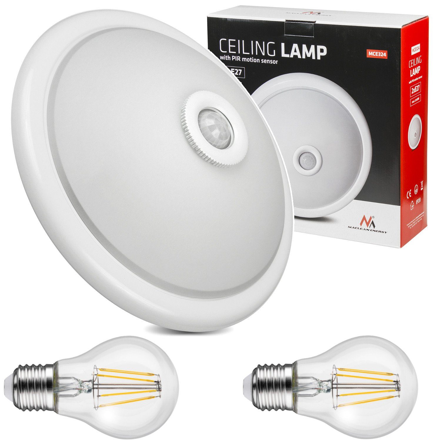 Maclean Sensor MCE324 + 2xMCE268, LED-Plafon mit PIR-Sensor + 2 E27 8W Glühbirnen
