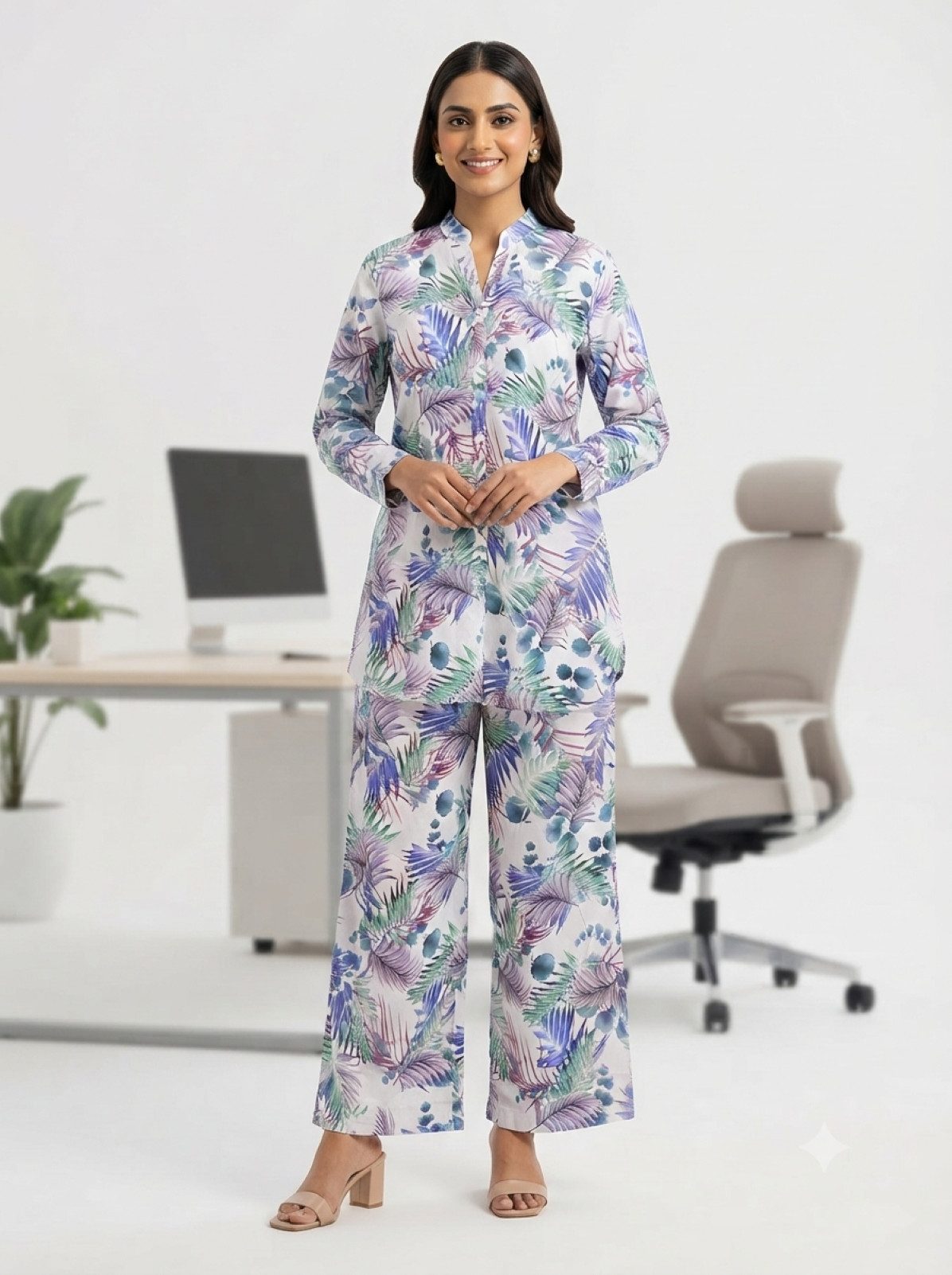 PfauGermany Hemdbluse All Day Office Wear Comfort .2 Pcs Set Langarm Hemd + Wide-leg palazzo