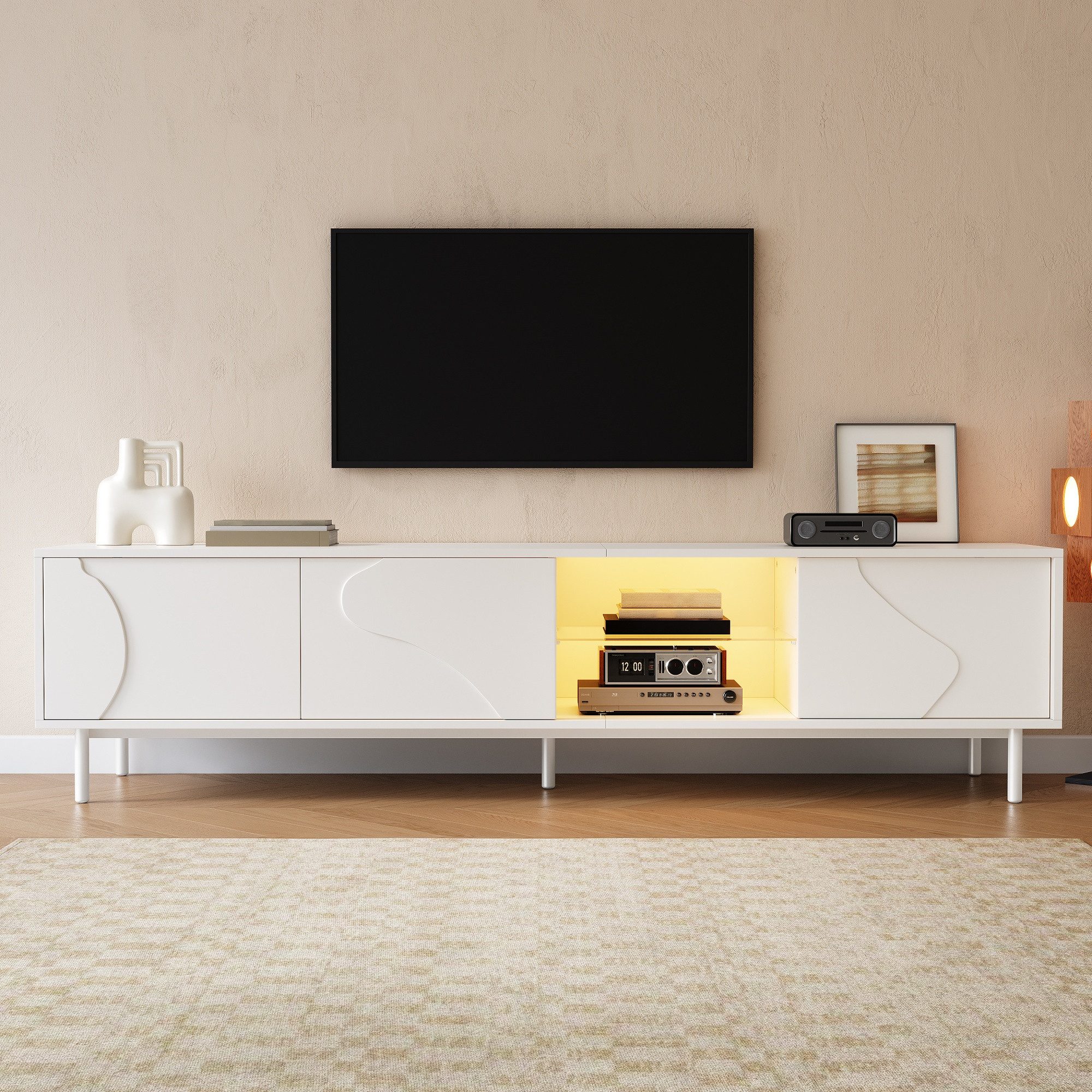 Merax Lowboard mit LED-Beleuchtung per App steuerbar (180 x 40 x 45 cm (L x B x H), 1 St., Fernsehtisch), TV-Schrank mit 3 Schiebetüren, Glasboden, Kabelmanagem – Bild 2 von 5