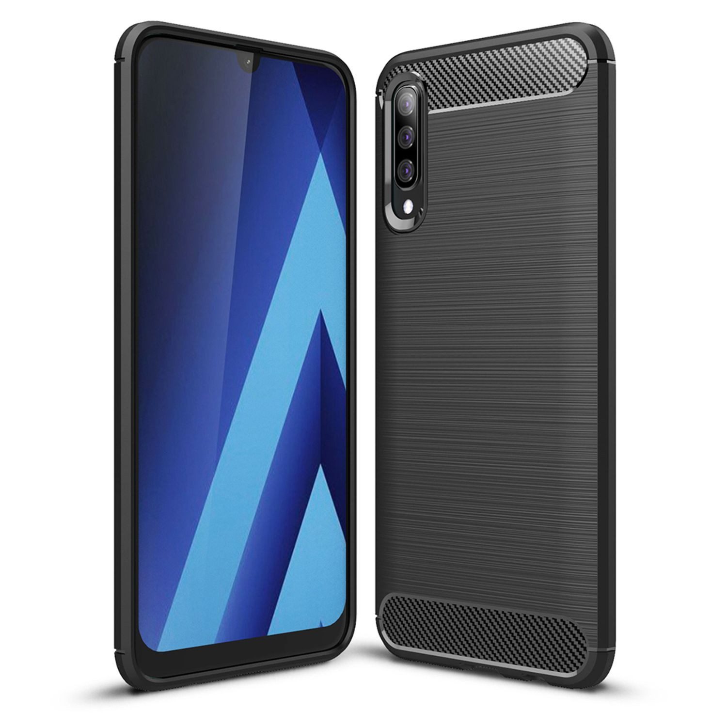 Nalia Smartphone-Hülle Samsung Galaxy A50 16,3 cm (6,4 Zoll), Carbon Look Silikon Hülle / Matt Schwarz / Rutschfest / Karbon Optik