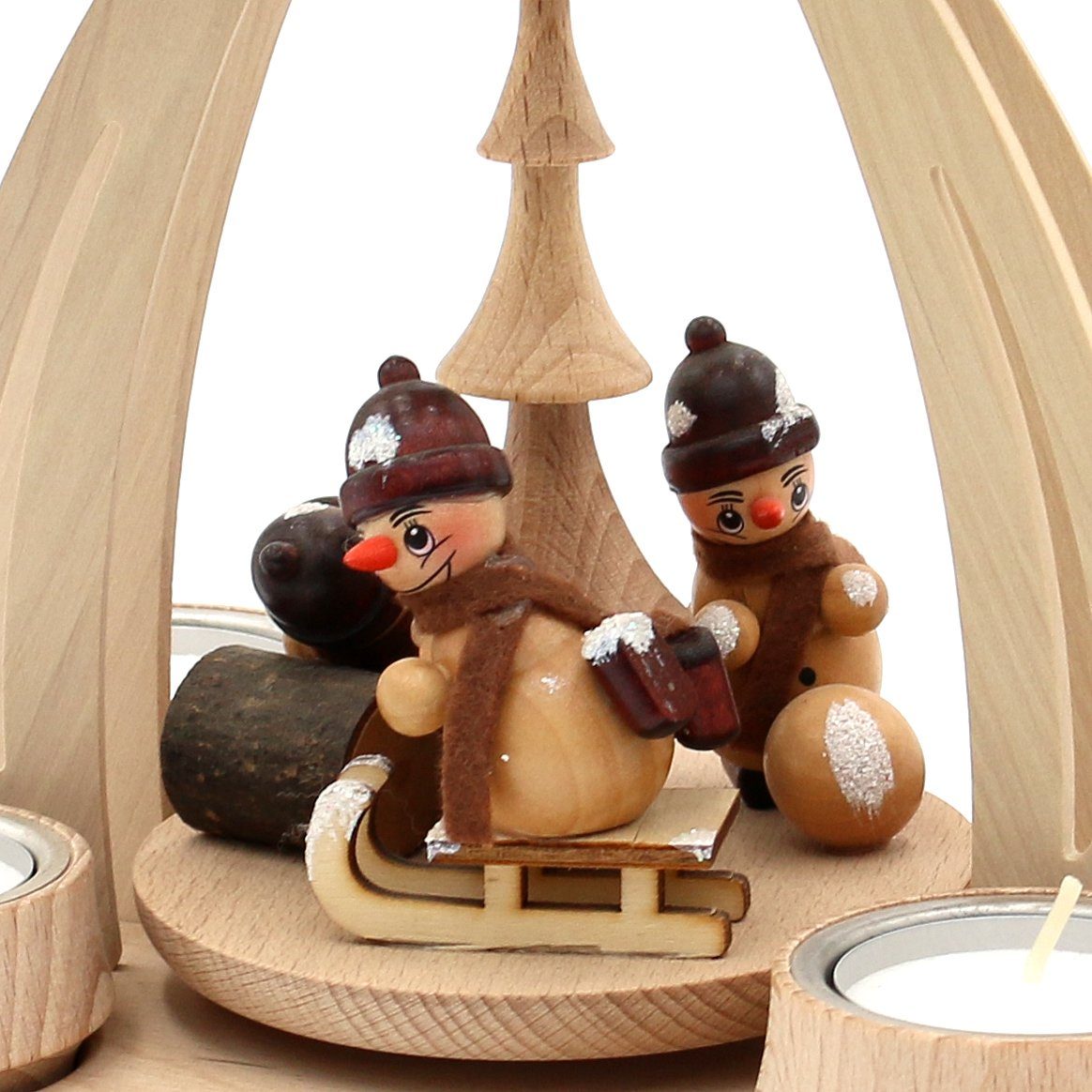 Dekohelden24 Weihnachtspyramide Pyramide aus Buchenholz mit Schneemannfiguren, ca. 24 cm
